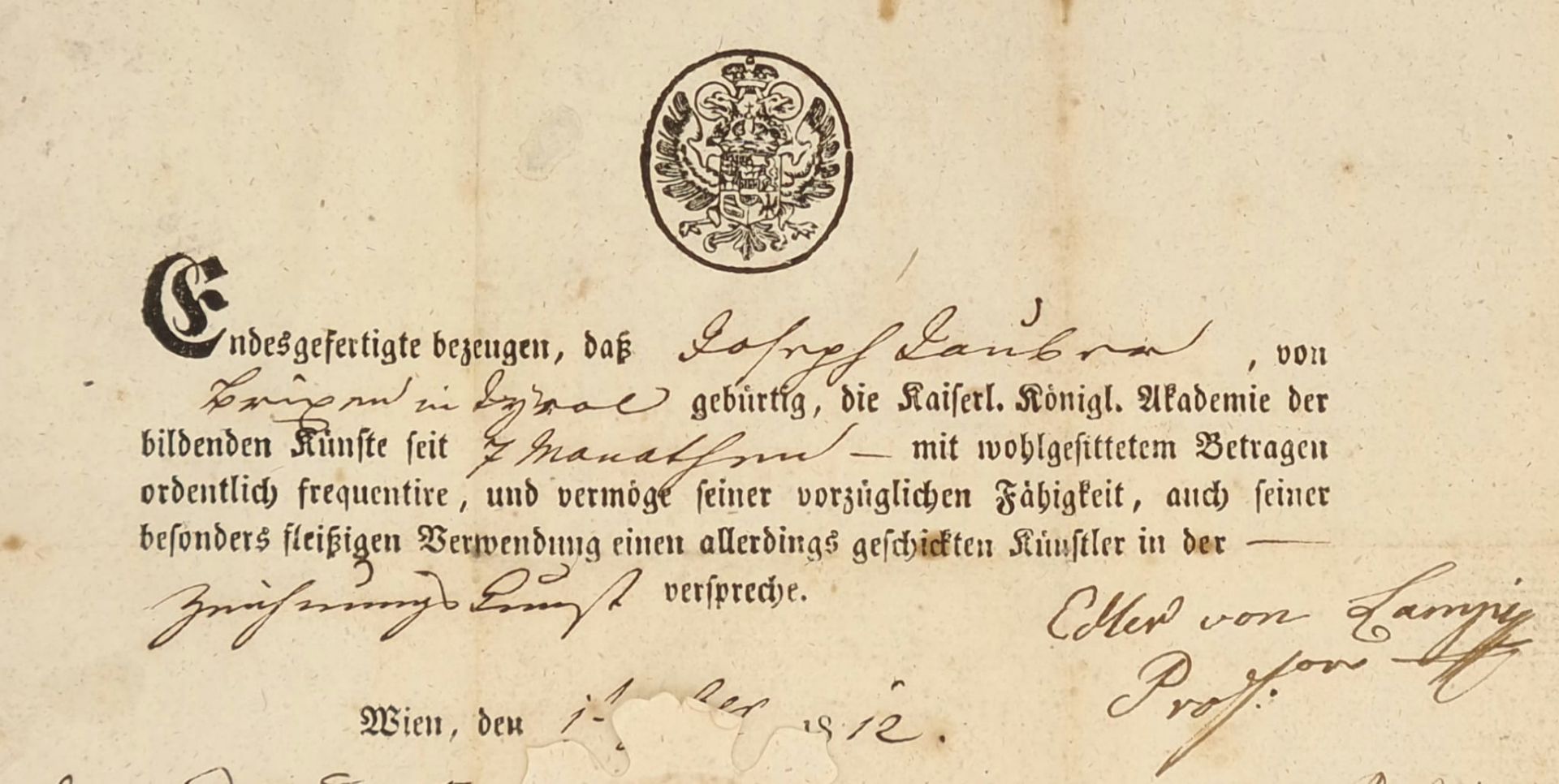 Schriftstück von Akatedie der bildenden Künste von 1812, unterfertigt von Franz Anton von Zauner, - Bild 2 aus 3