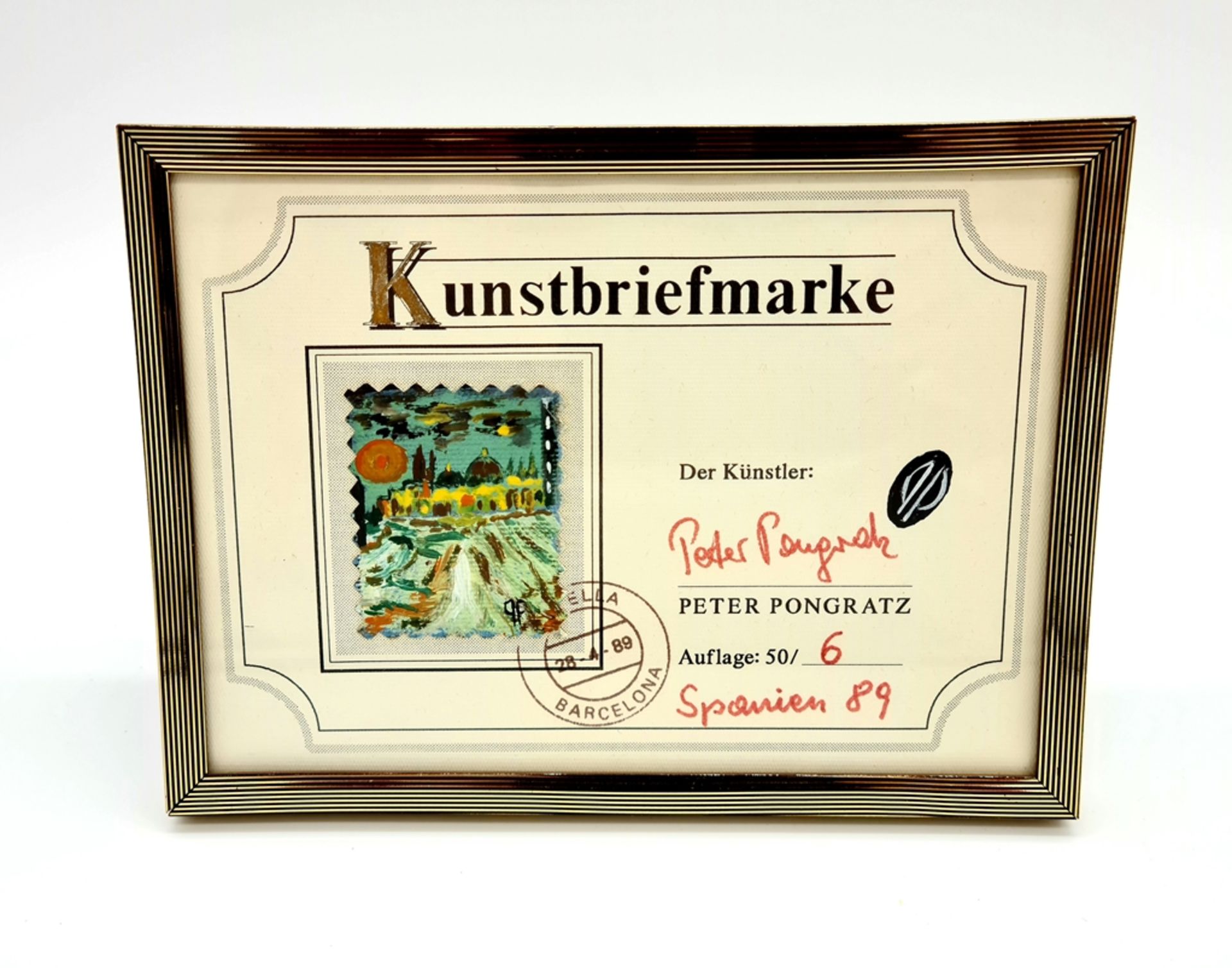 Peter Pongratz, Kunstbriefmarke, Spanien 1989 , Auflage 6/50 , Mischtechnik auf Papier auf Postkart