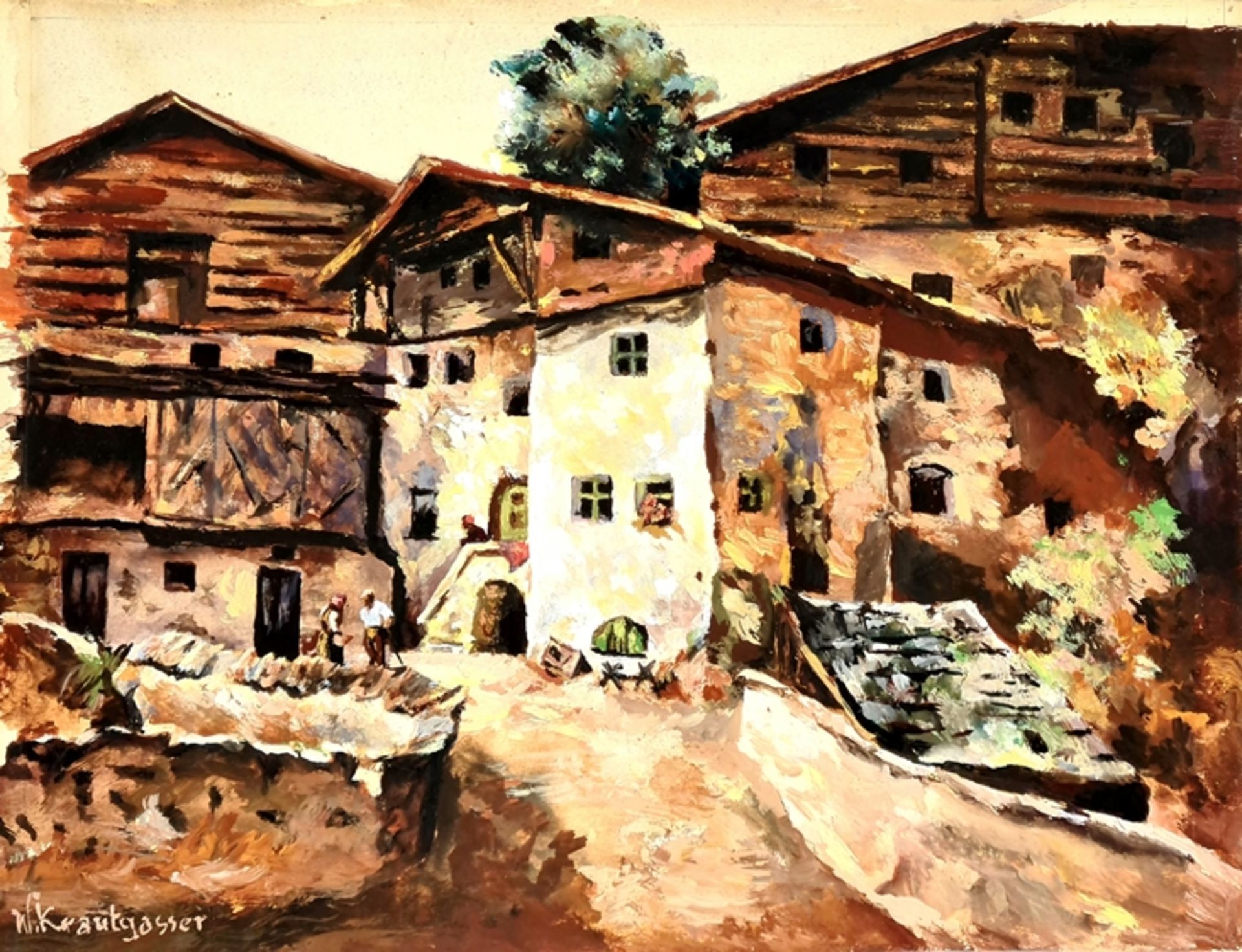 Franz Krautgasser, Bauerndorf, Aquarell auf Papier, Mitte 20.Jhd.,signiert :F. Krautgasser ,Größe: