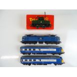 A group of TRI-ANG OO Gauge locomotives to include a blue Pullman Power Car pair and a Class EM1