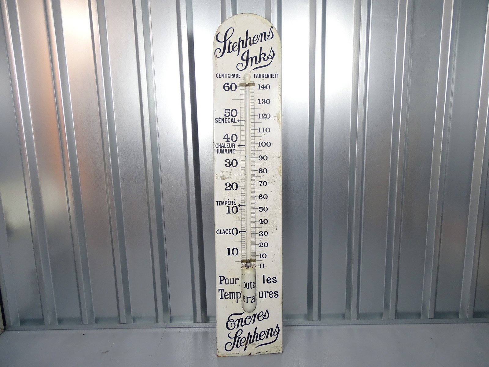 STEPHENS INKS (12" x 60")- bilingual French / English advertising thermometer - enamel flanged