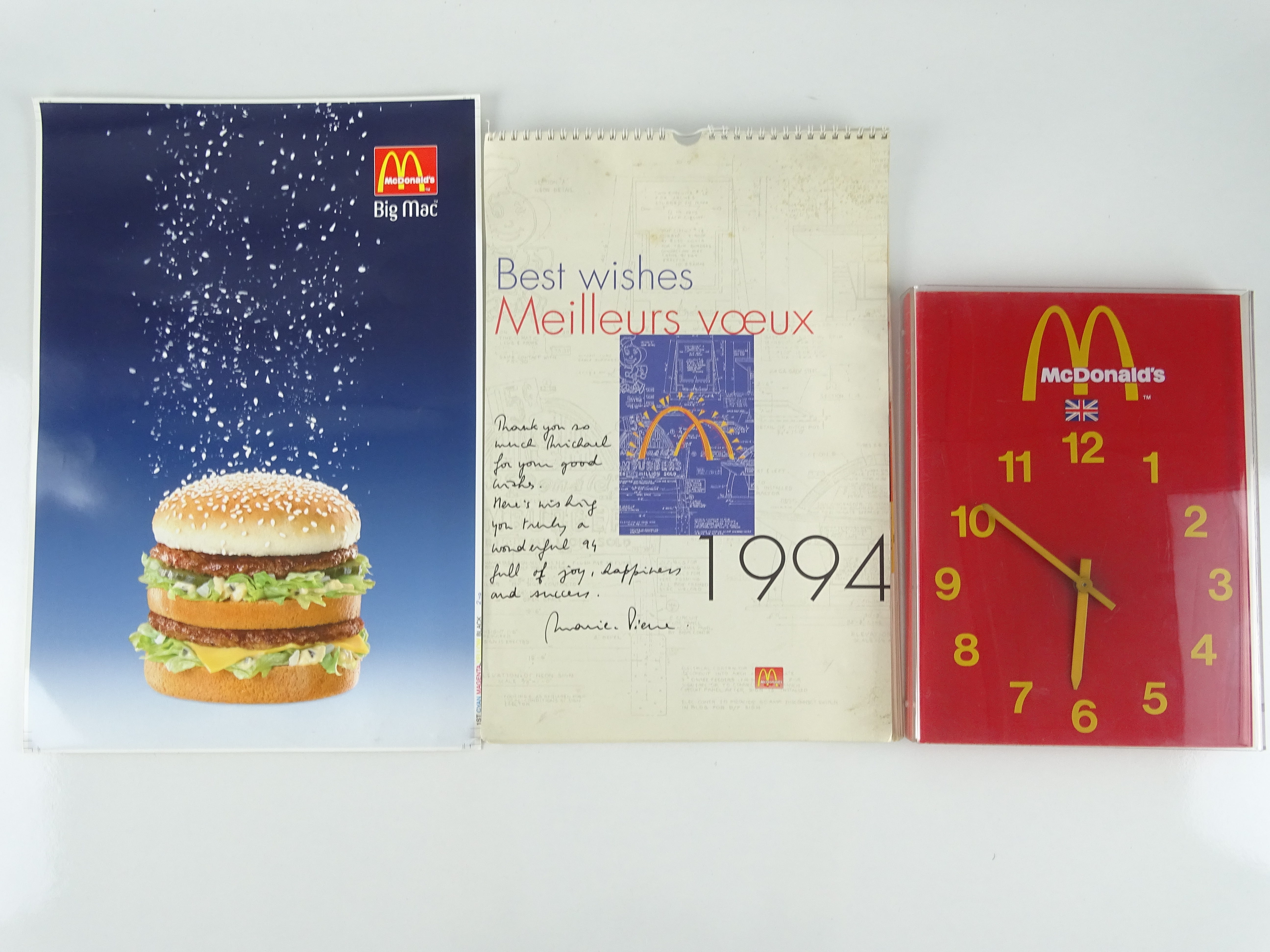 MCDONALDS: A group of promotional items to include a 'Big Mac' photograph, a 1994 'Best Wishes' wall