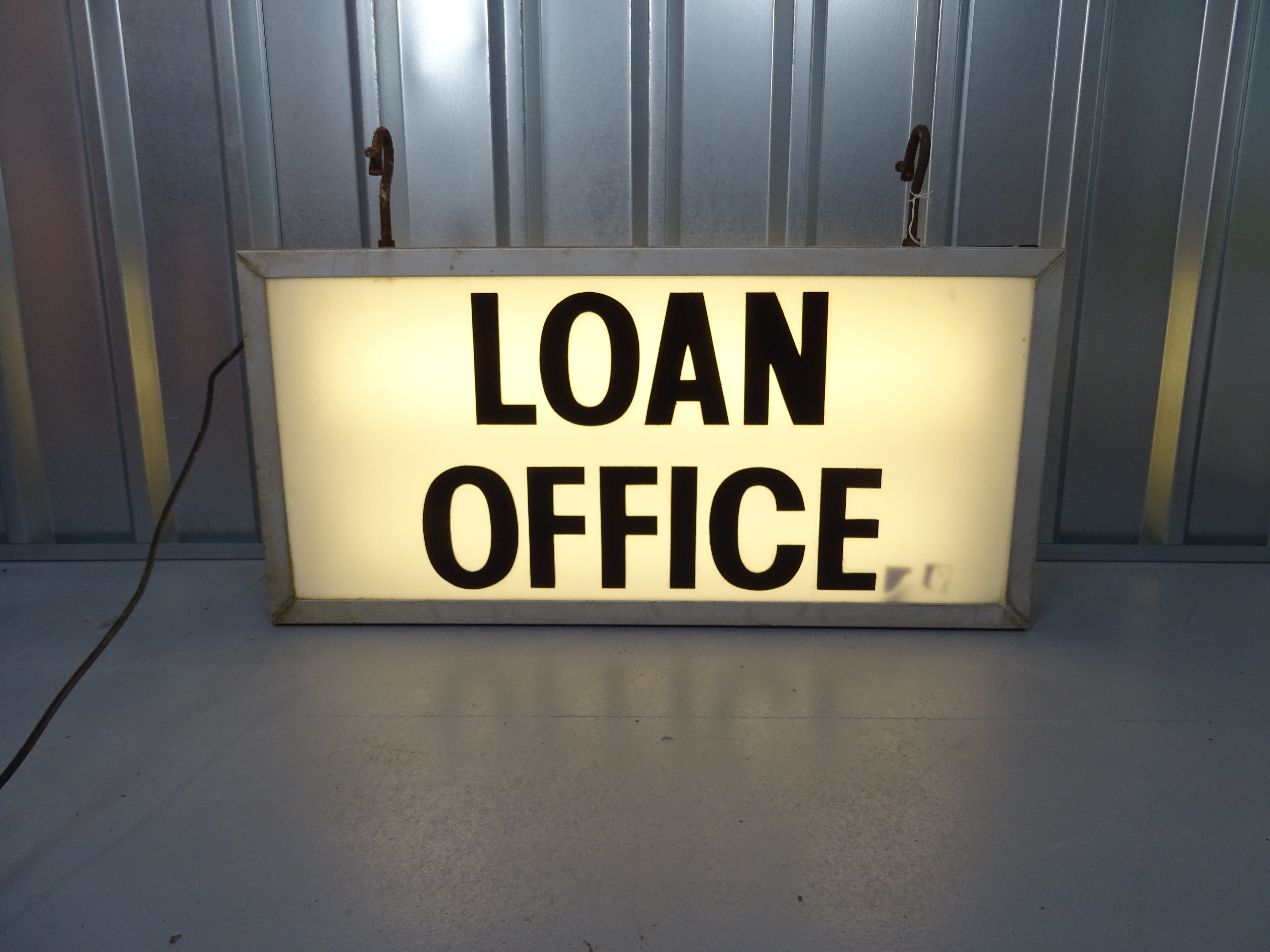 LOAN OFFICE - (37" x 18" x 7") pawn shop electric light up (working not PAT tested) double sided