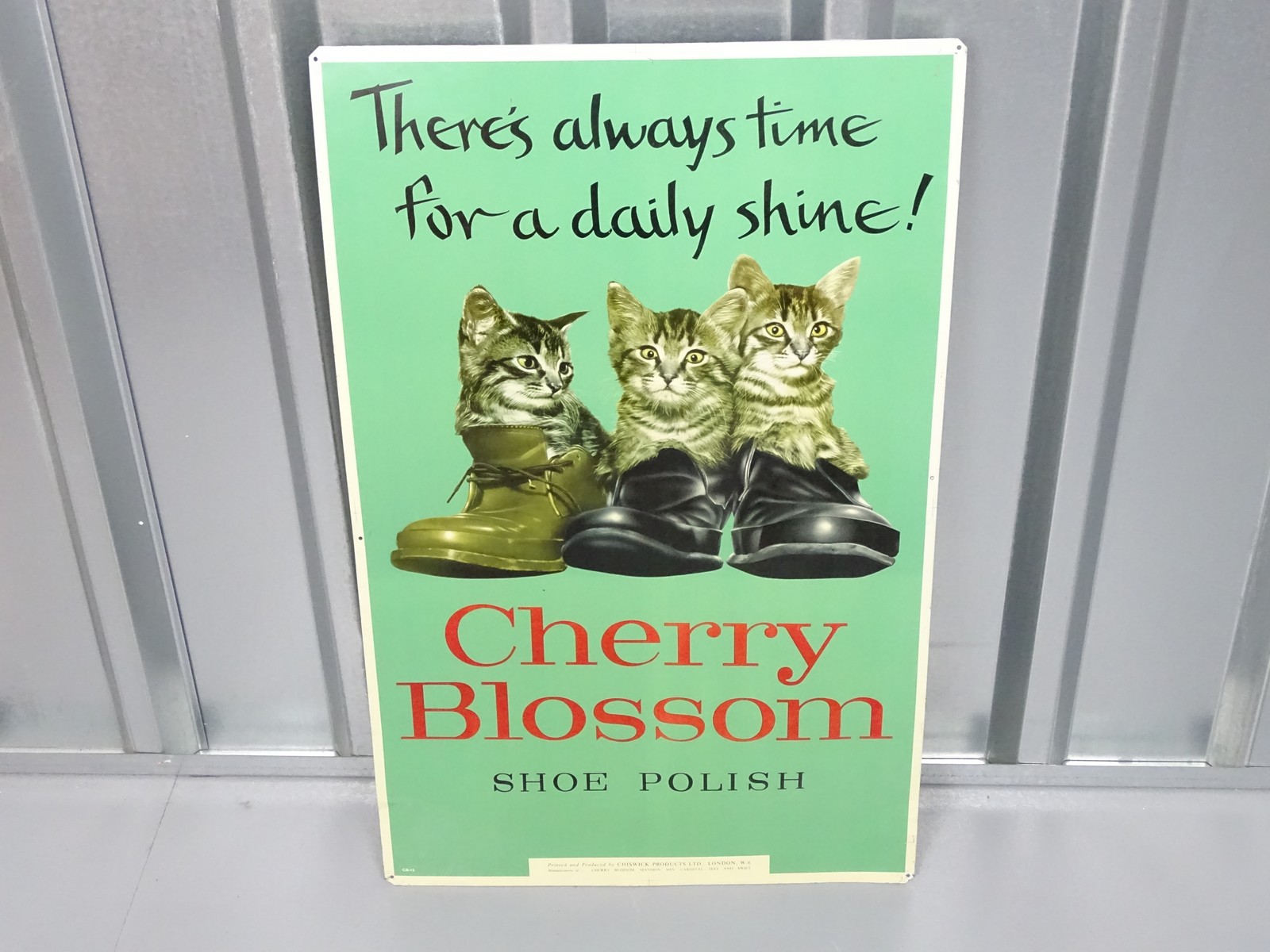 CHERRY BLOSSOM (17.5" x 28") Chiswick Products tin advertising sign for Cherry Blossom Shoe Polish