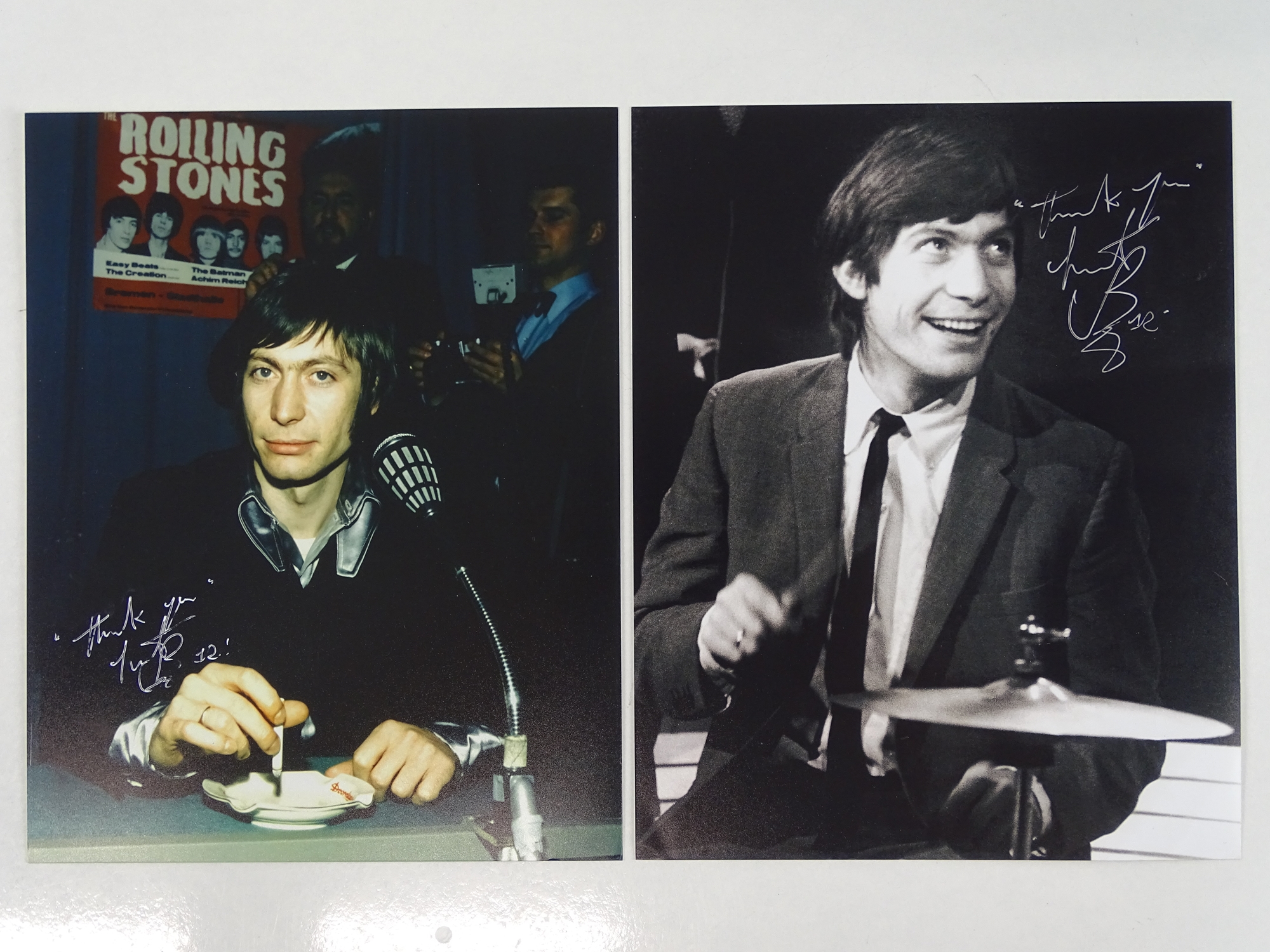 A pair of signed 10x8 photographs (one colour, one black/white) - CHARLIE WATTS - Drummer of The