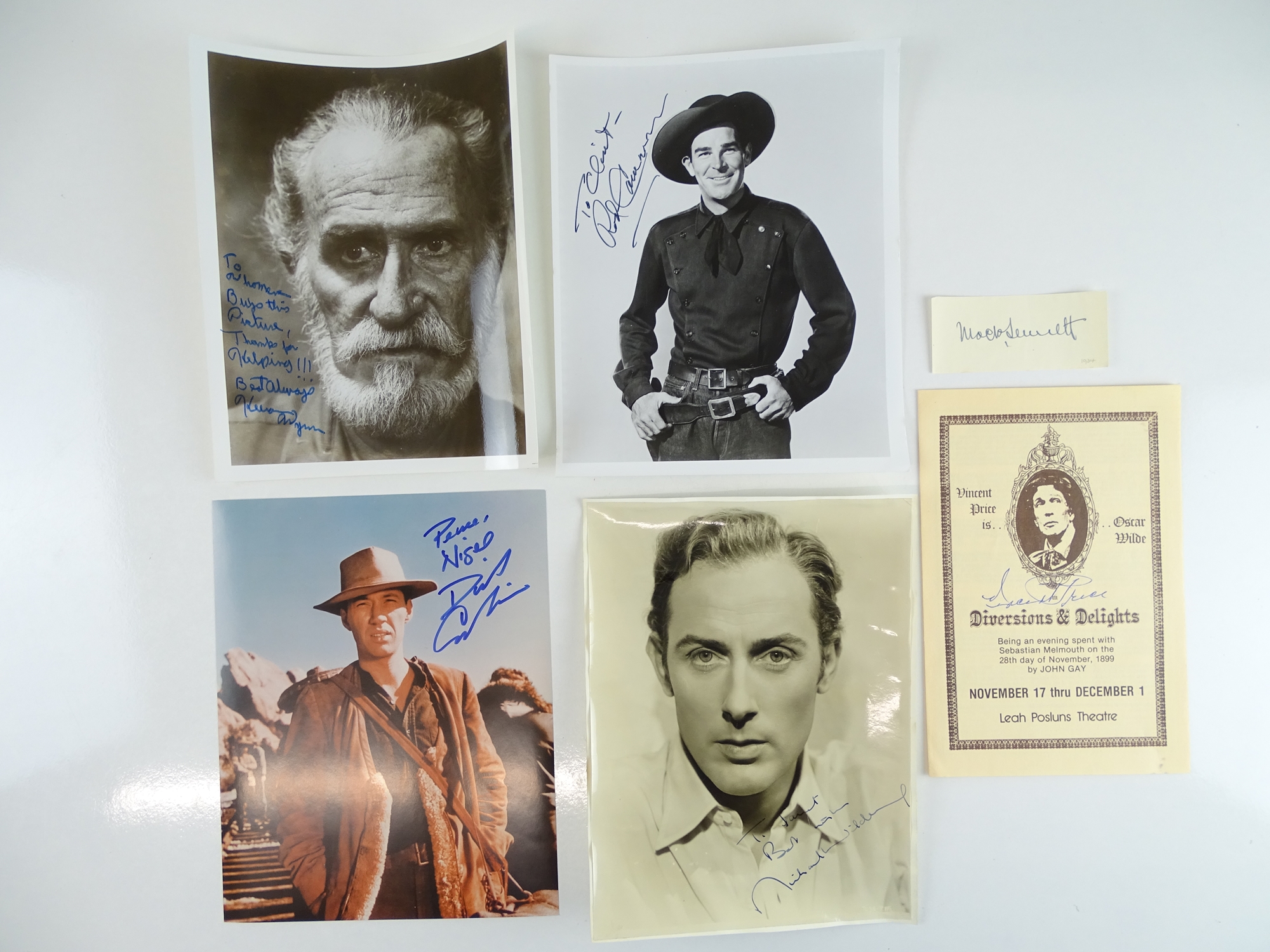 A group of six signed items comprising KEENAN WYNN, ROD CAMERON and MICHAEL WILDING signed 10 x 8