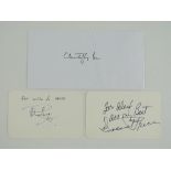 A pair of signed cards comprising: VINCENT PRICE and PETER CUSHING together with a CHRISTOPHER LEE