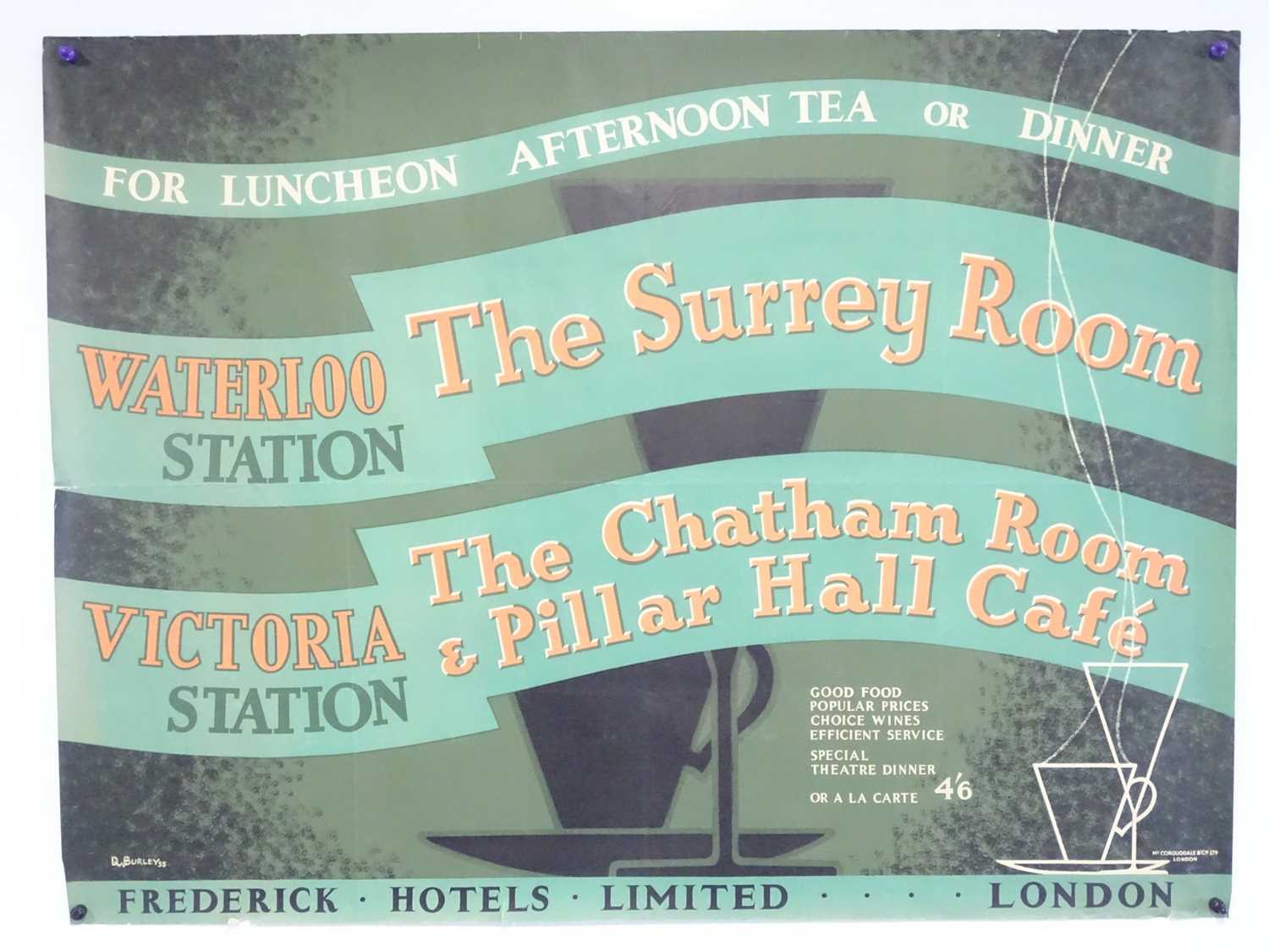 A railways refreshments advertising poster for: FREDRICK HOTELS LIMITED - 'The Surrey Room at