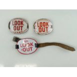 A group of enamel 'Look Out' arm badges comprising a BR example with leather arm strap and other