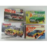 A group of unbuilt 1:24 scale plastic car kits, various examples by TAMIYA and others (contents