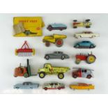 A mixed group of playworn vehicles mostly by DINKY, unboxed, together with an empty box - P/F (