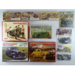 A group of unbuilt 1:32/35/76 scale plastic kits, primarily military examples by AIRFIX and ICM (