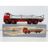 A DINKY 905 Foden Flat Truck with chains, 2nd style cab in red cab/chassis/hubs / grey back - G/VG