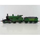 A finescale O gauge kitbuilt ex-LSWR X2 class 4-4-0 steam locomotive in Southern green numbered