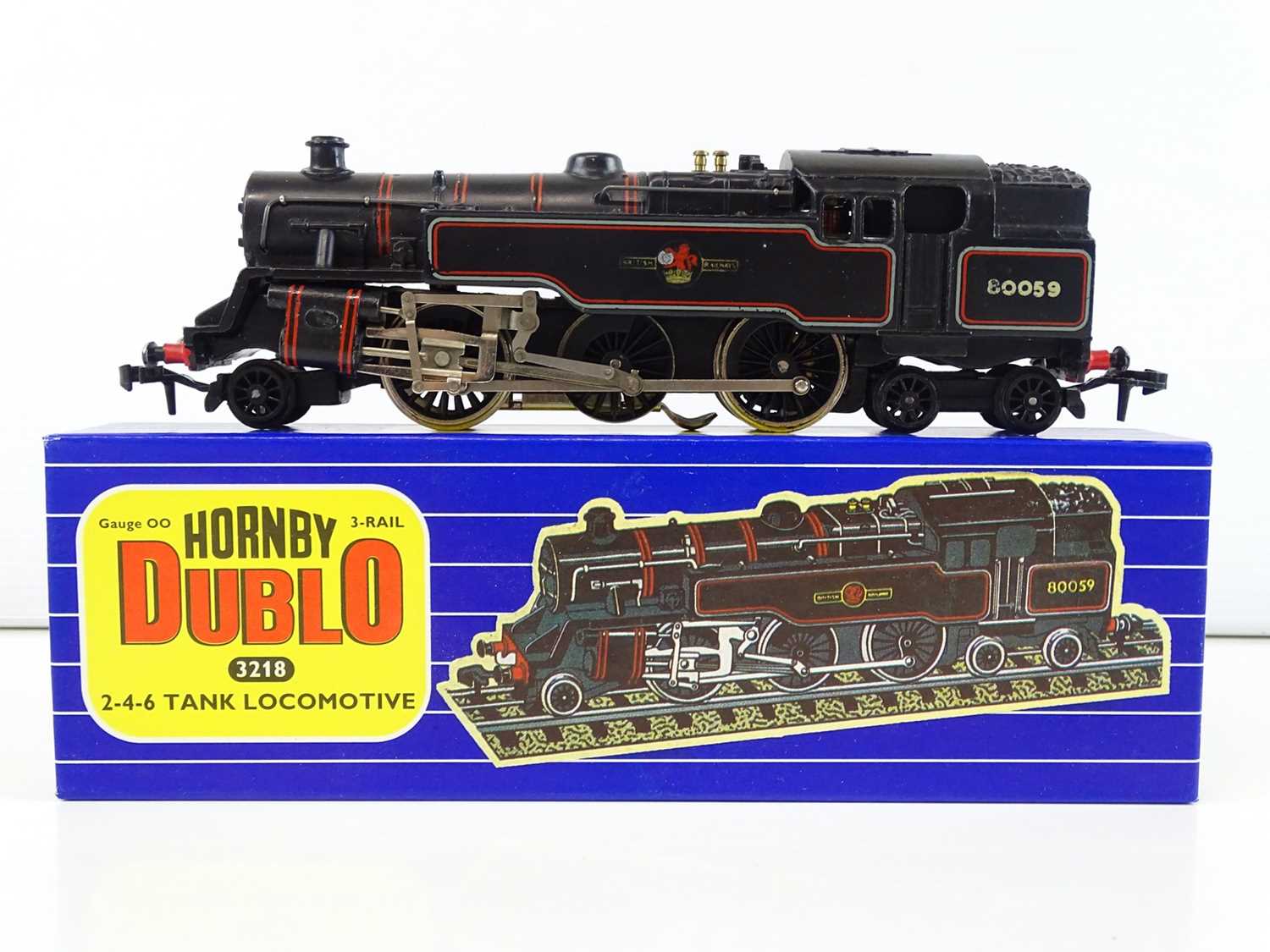 A HORNBY DUBLO 3218 OO gauge 3-rail class 4MT steam locomotive in BR black, scarcer version numbered