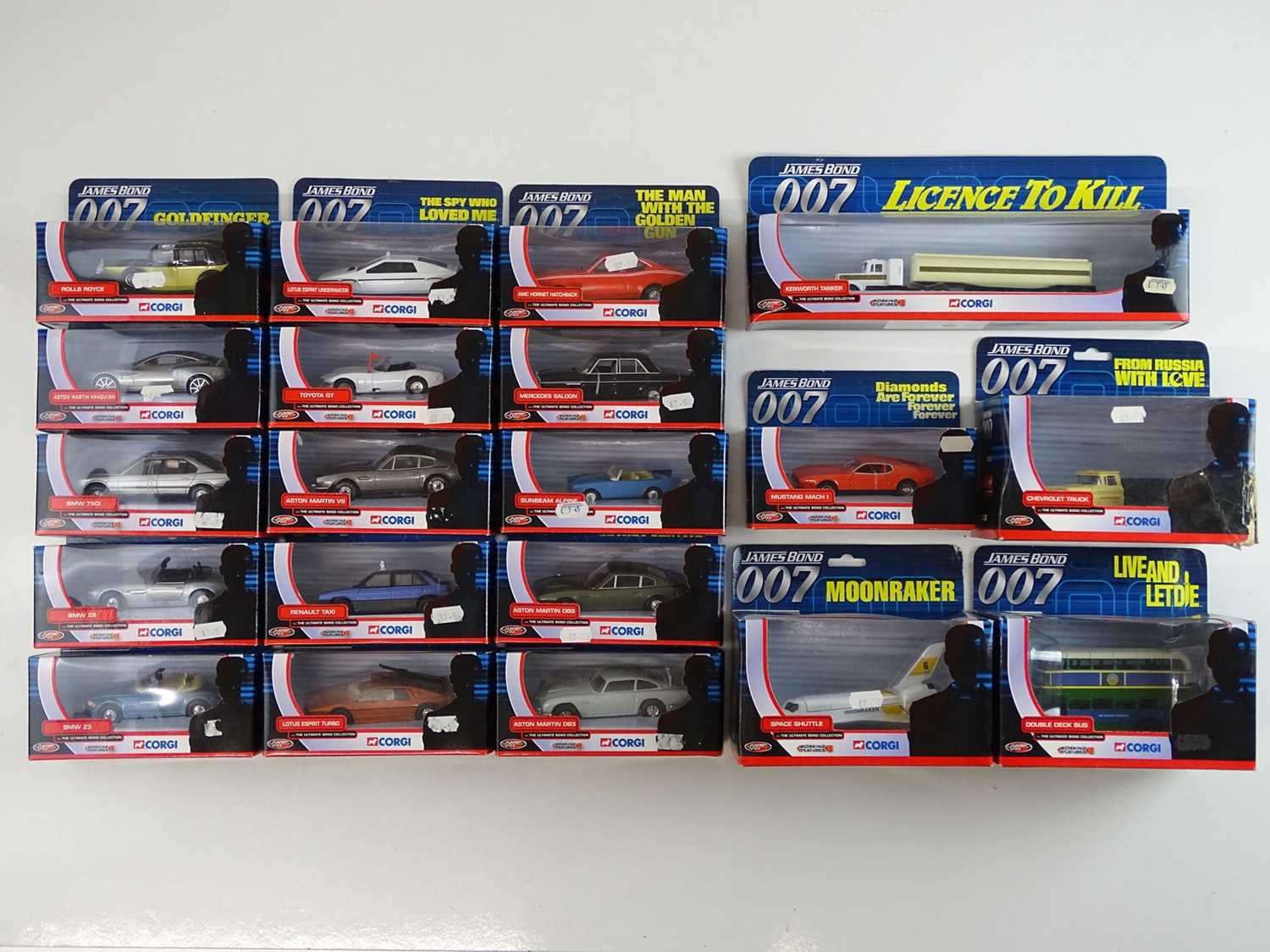 A group of CORGI James Bond cars from "The Ultimate Bond Collection" featuring various films, all in