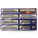 A group of BACHMANN and HORNBY OO gauge GWR, LMS and BR coaches in various liveries - VG in G