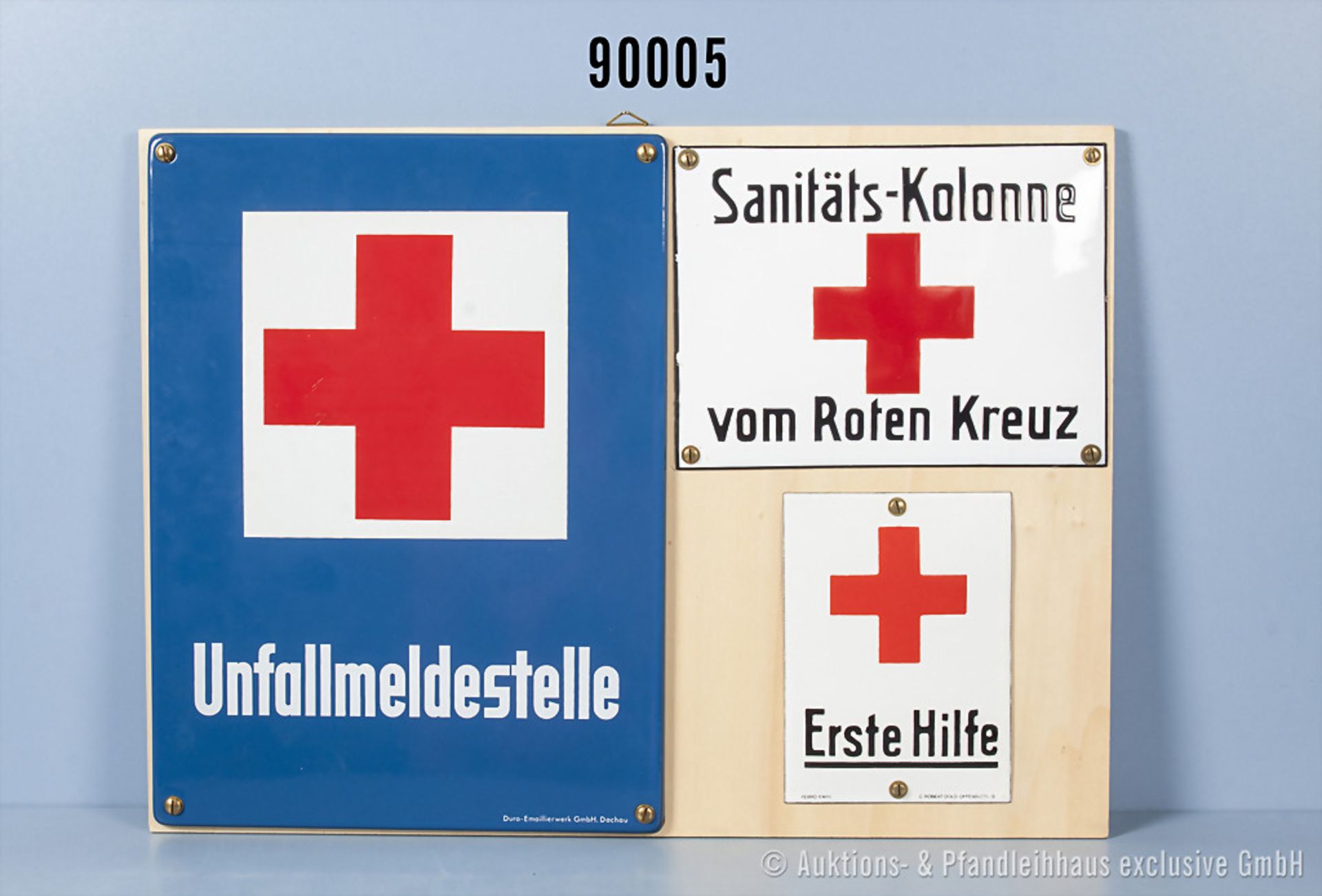 Konv. 3 Emailleschilder, "Unfallmeldestelle", "Sanitäts-Kolonne vom Roten Kreuz" und...