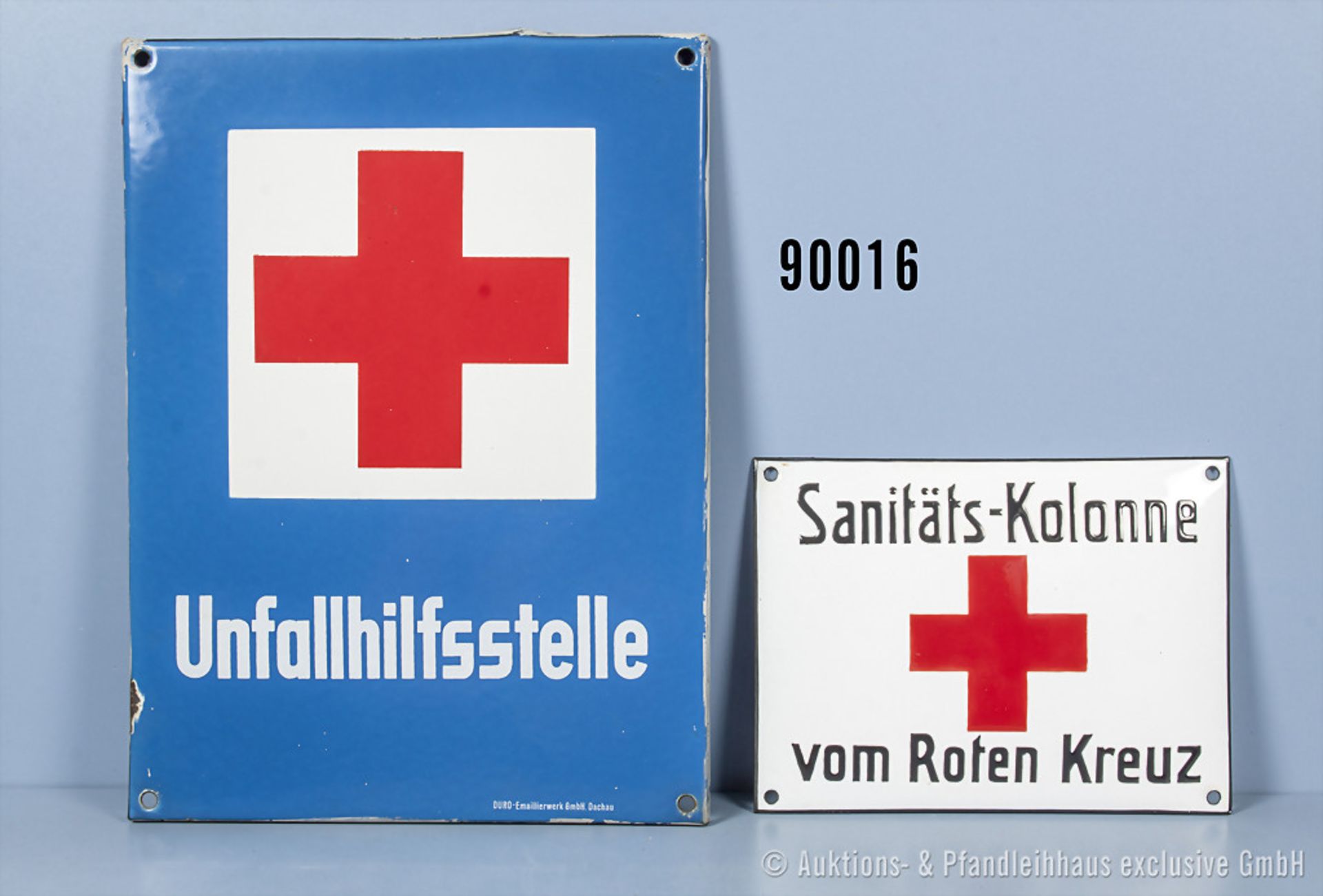 Konv. 2 Emailleschilder, "Unfallhilfsstelle" und "Sanitäts-Kolonne vom Roten Kreuz",...