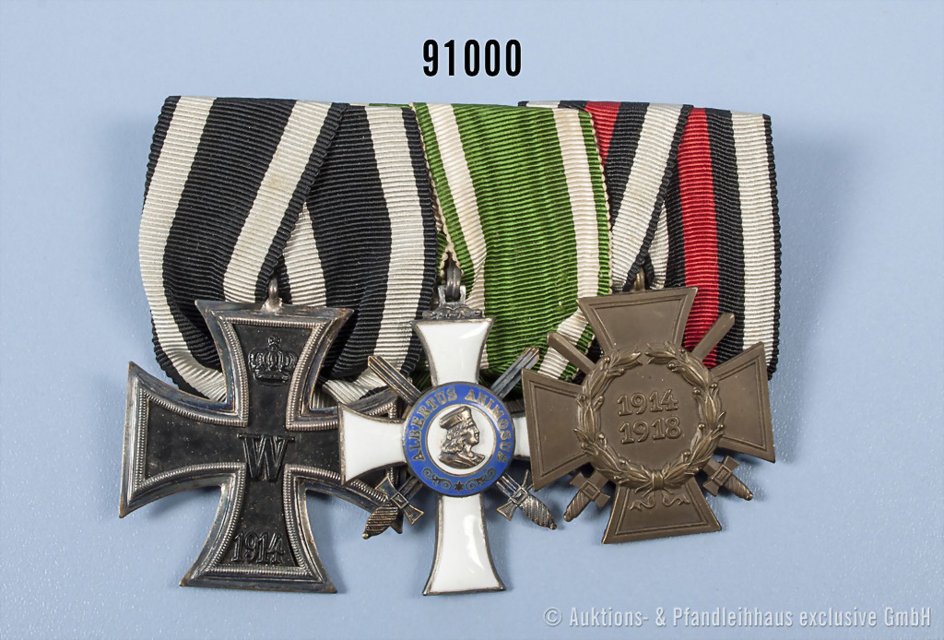 3er Ordenspange, EK2 1914, Sachsen Albrechtsorden, Ritterkreuz 2. Klasse, Hersteller "G"...