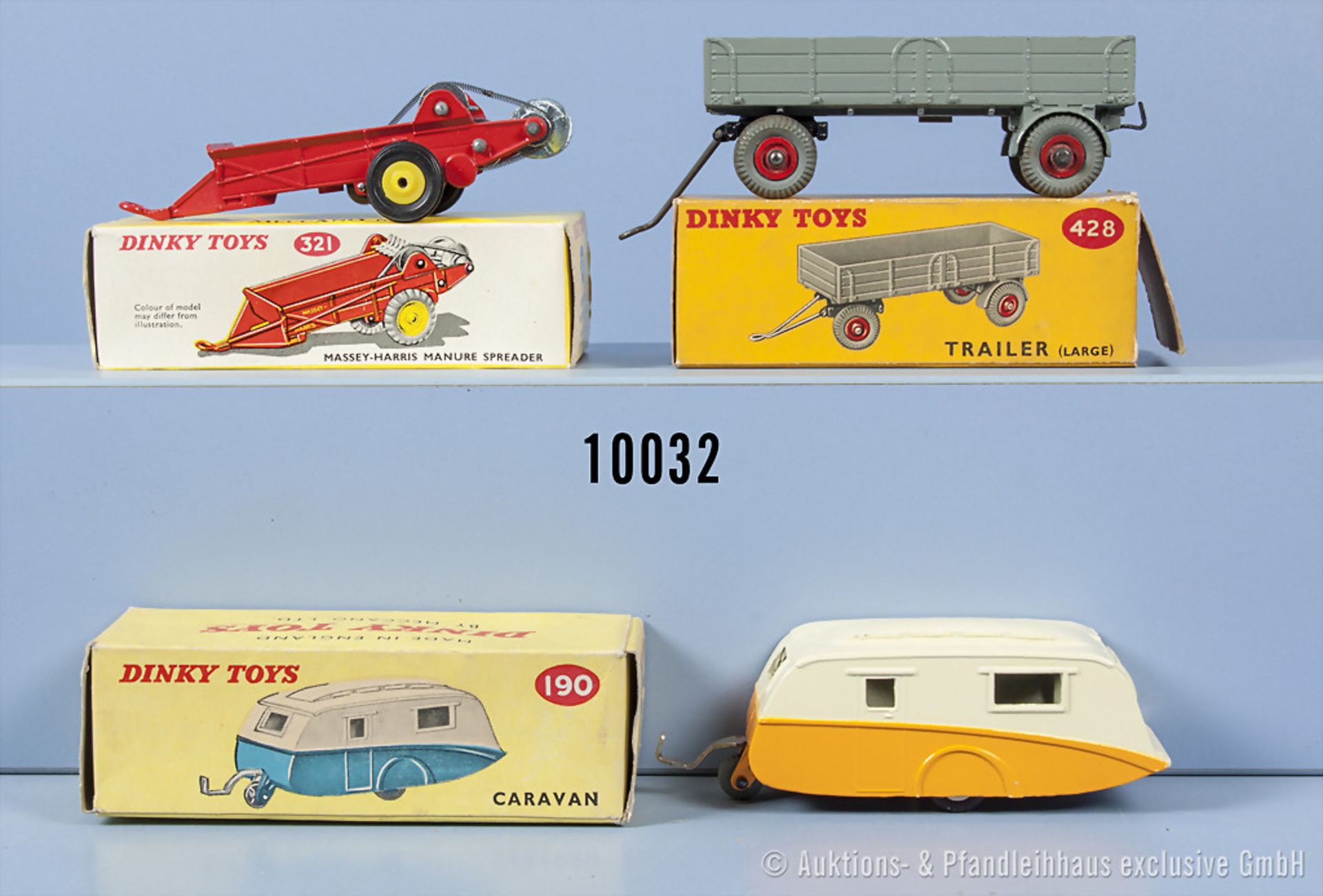 Konv. 3 Dinky Toys Anhänger, dabei 190 Caravan, 321 Massey Harris Manure Spreader und ...