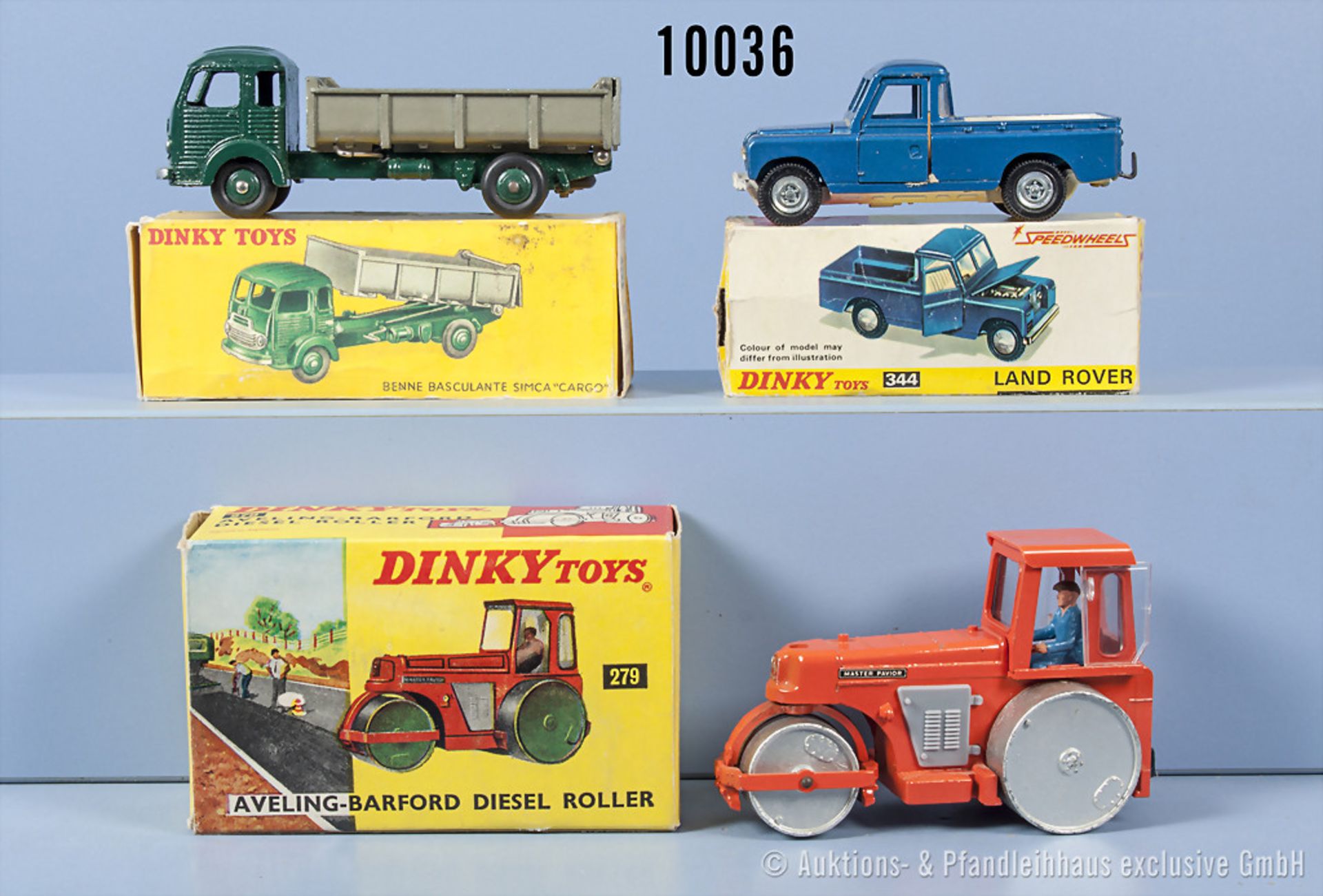Konv. 3 Dinky Toys Fahrzeuge, dabei 33B Simca Cargo, 279 Aveling Barford Diesel Roller ...