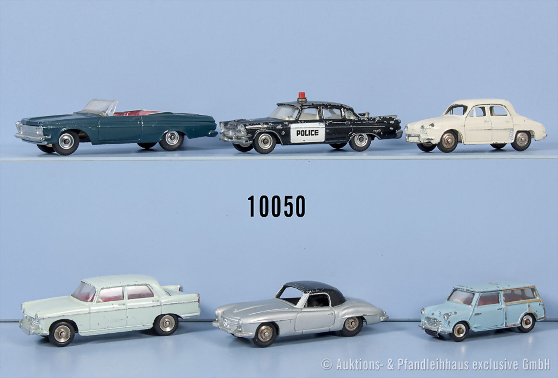 Konv. 6 Dinky Toys Modellfahrzeuge, u.a. Dodge Royal Sedan, Austin Seven, Mercedes 190 ...