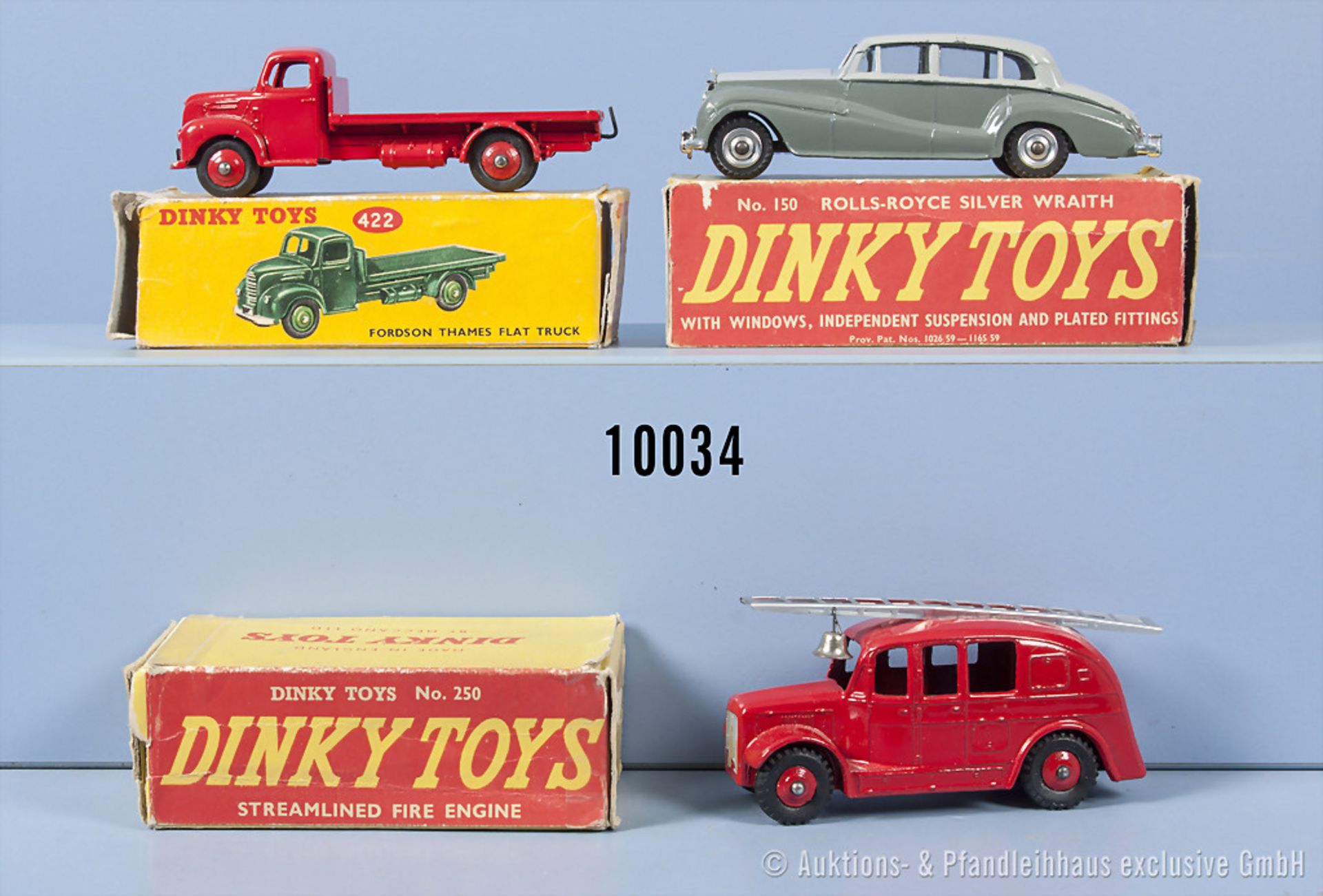 Konv. 3 Dinky Toys Fahrzeuge, dabei 150 Rolls-Royce Silver Wraith, 250 Streamlined Fire ...