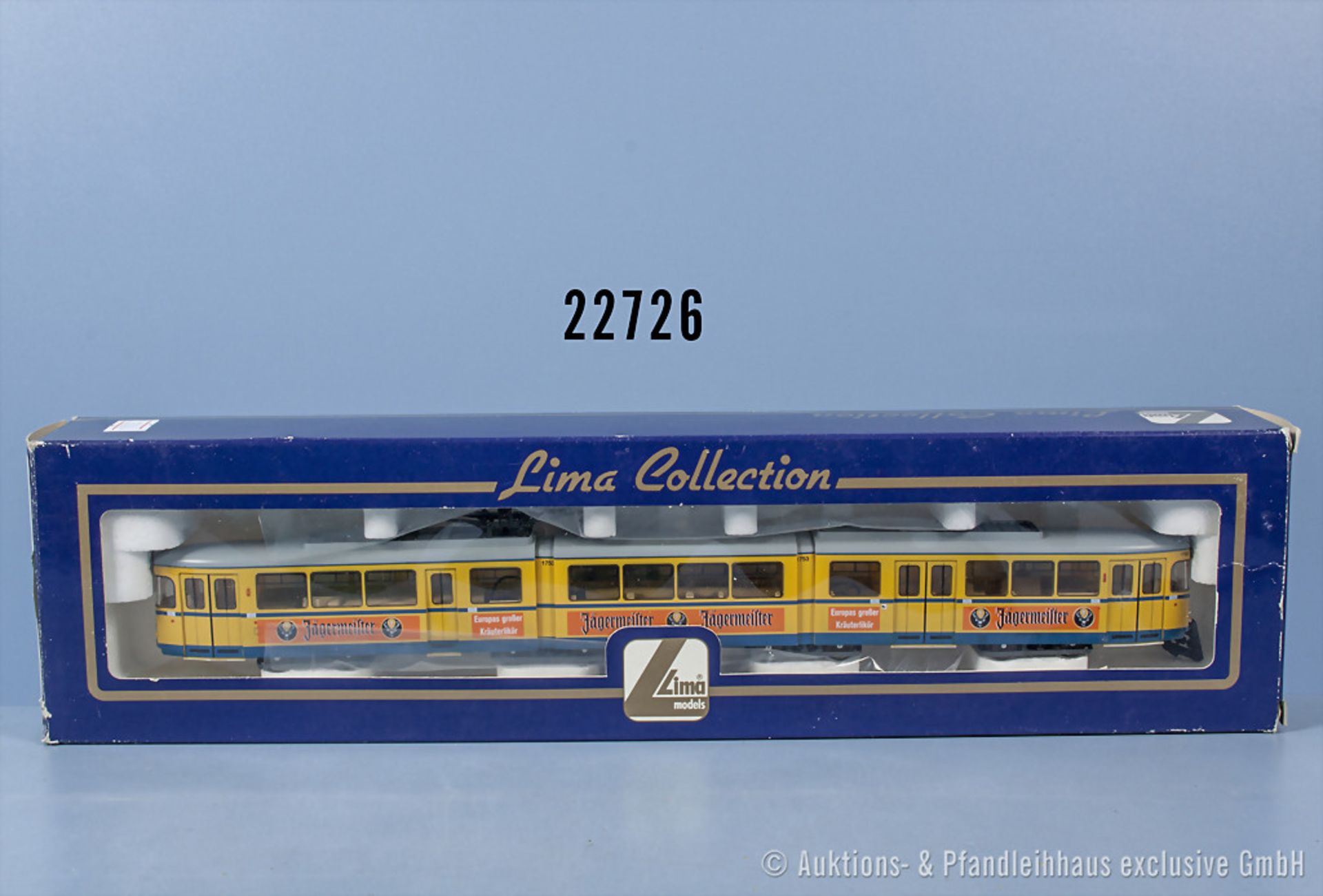 Lima H0 208653 3-teilige Straßenbahn in gelb-blau, mit Jägermeisterwerbung, BN 1753, ...
