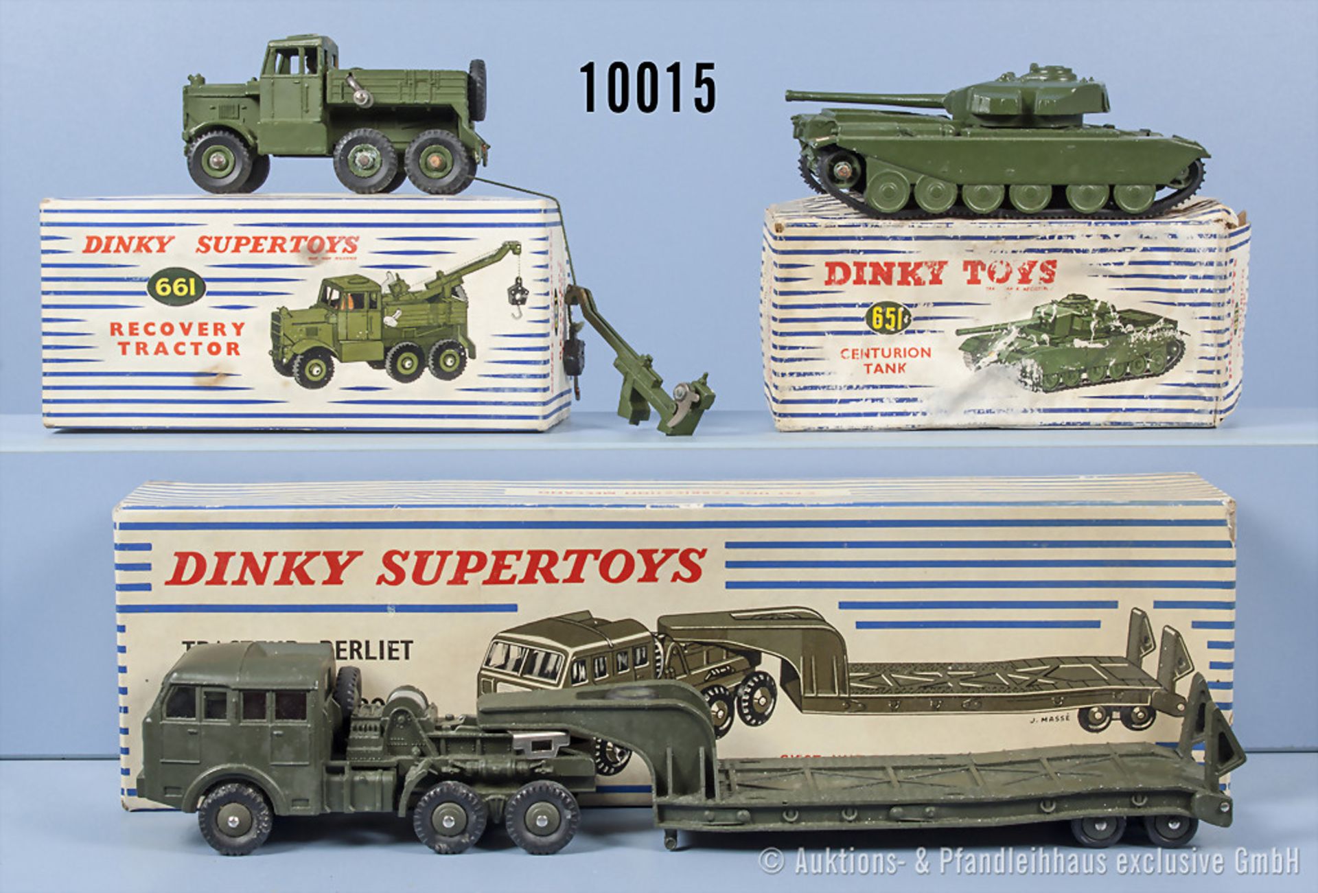 Konv. 3 Dinky Toys Modelle, dabei 651, 661 (Kranaufbau liegt lose bei) und 890, M 1:43, ...