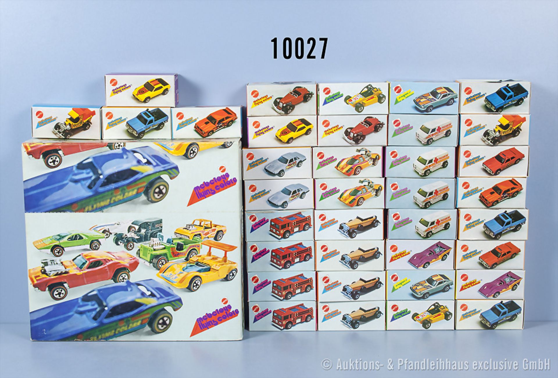 36 Mattel Mebetoys flying colors Modellfahrzeuge in OVP, dabei 2 x no. 2500 upfront 924, ...