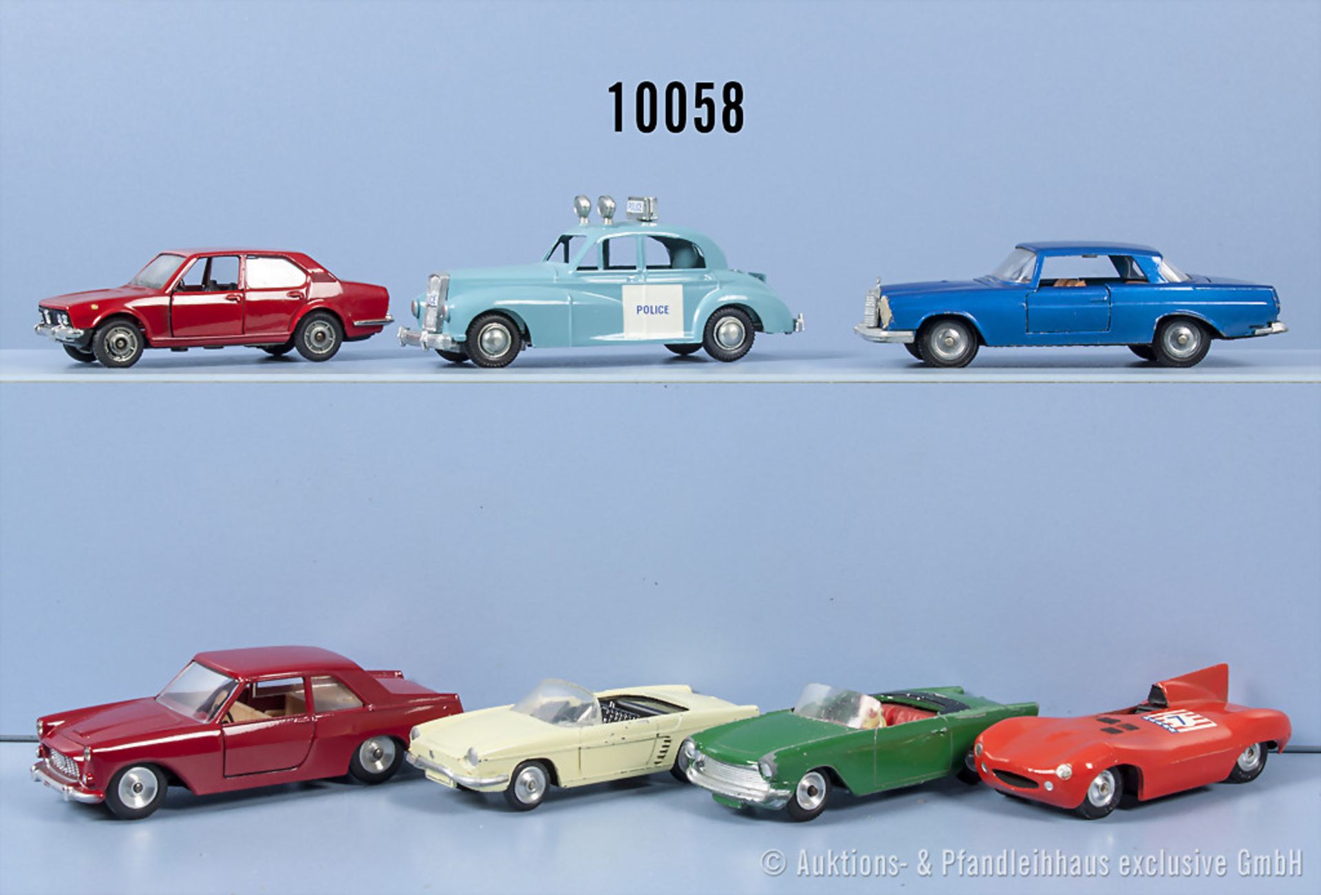 Konv. 7 Modellfahrzeuge, dabei Police Patrol Car, Mercedes 250 SE, Lancia Flaminia, ...