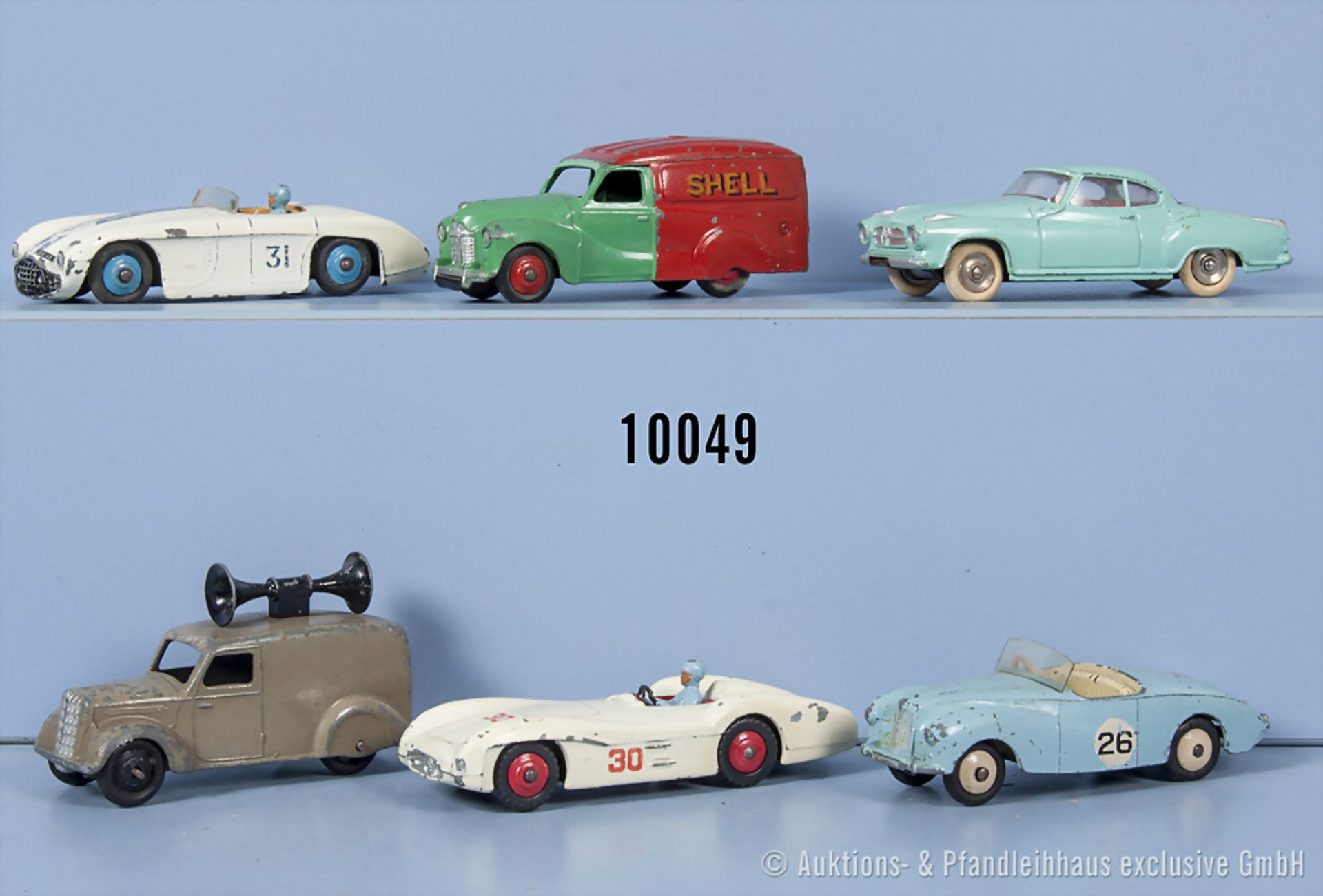 Konv. 6 Dinky Toys Modellfahrzeuge, u.a. Borgward Isabella, Sunbeam Alpine, Cunningham ...