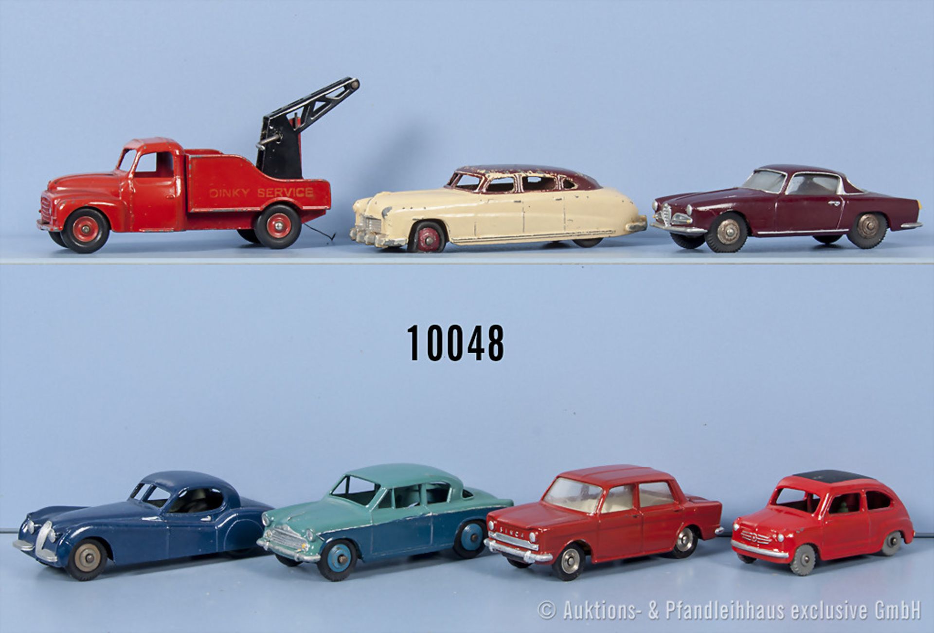 Konv. 7 Dinky Toys Modellfahrzeuge, u.a. Simca 1000, Sunbeam Rapier, Hudson Sedan, Fiat ...