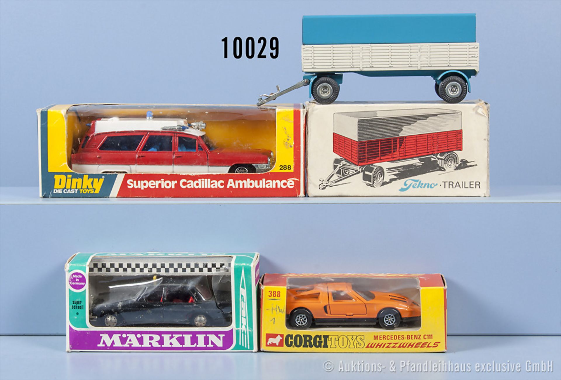 Konv. 4 Modellfahzeuge, dabei Corgi whizzwheels 388 Mercedes Benz C111, Dinky Toys 288 ...