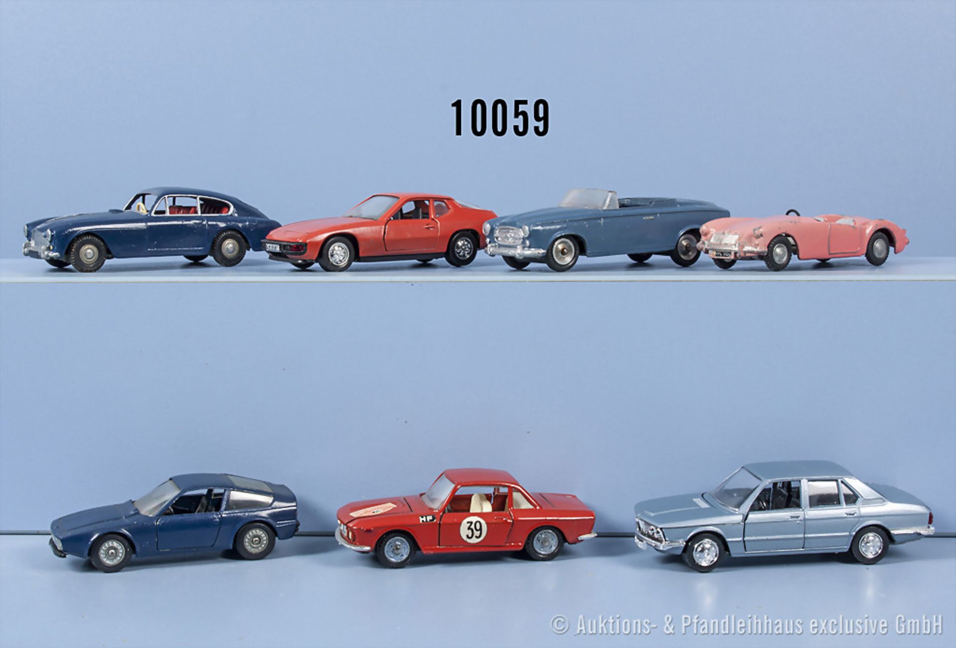 Konv. 7 Modellfahrzeuge, dabei Alfa Romeo Zagato, Aston Martin, Porsche 924, Peugeot 403 ...