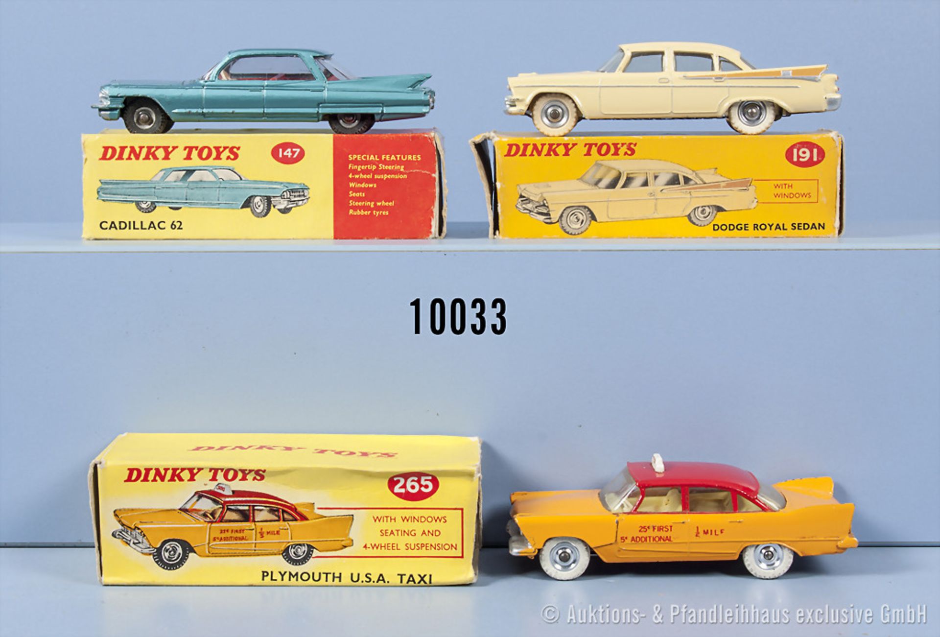 Konv. 3 Dinky Toys Fahrzeuge, dabei 147 Cadillac 62, 191 Dodge Royal Sedan und 265 ...