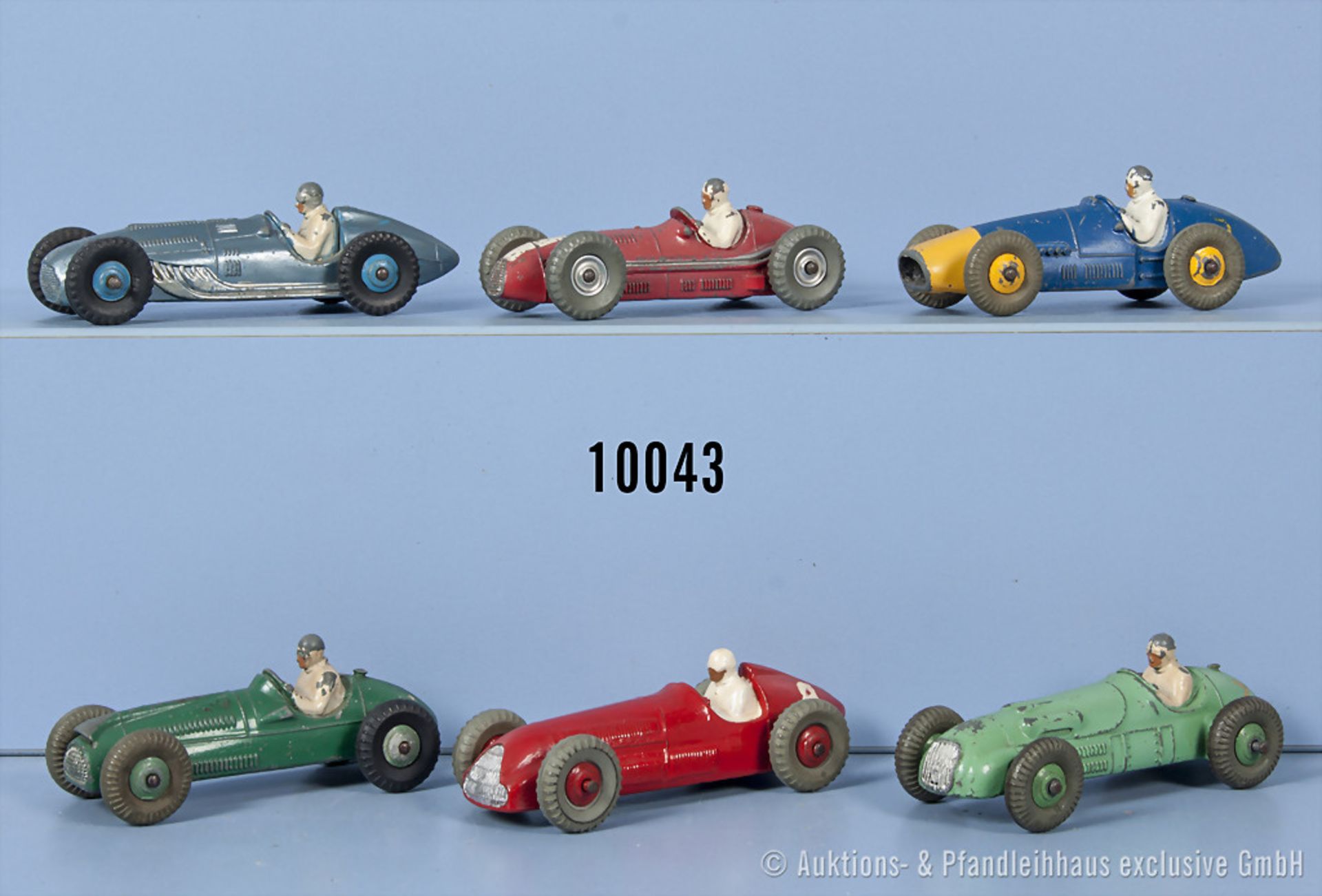 Konv. 6 Dinky Toys Rennwagen, dabei 23 G, 23 K, 231, 232, 234 und 235, M 1:43, ...