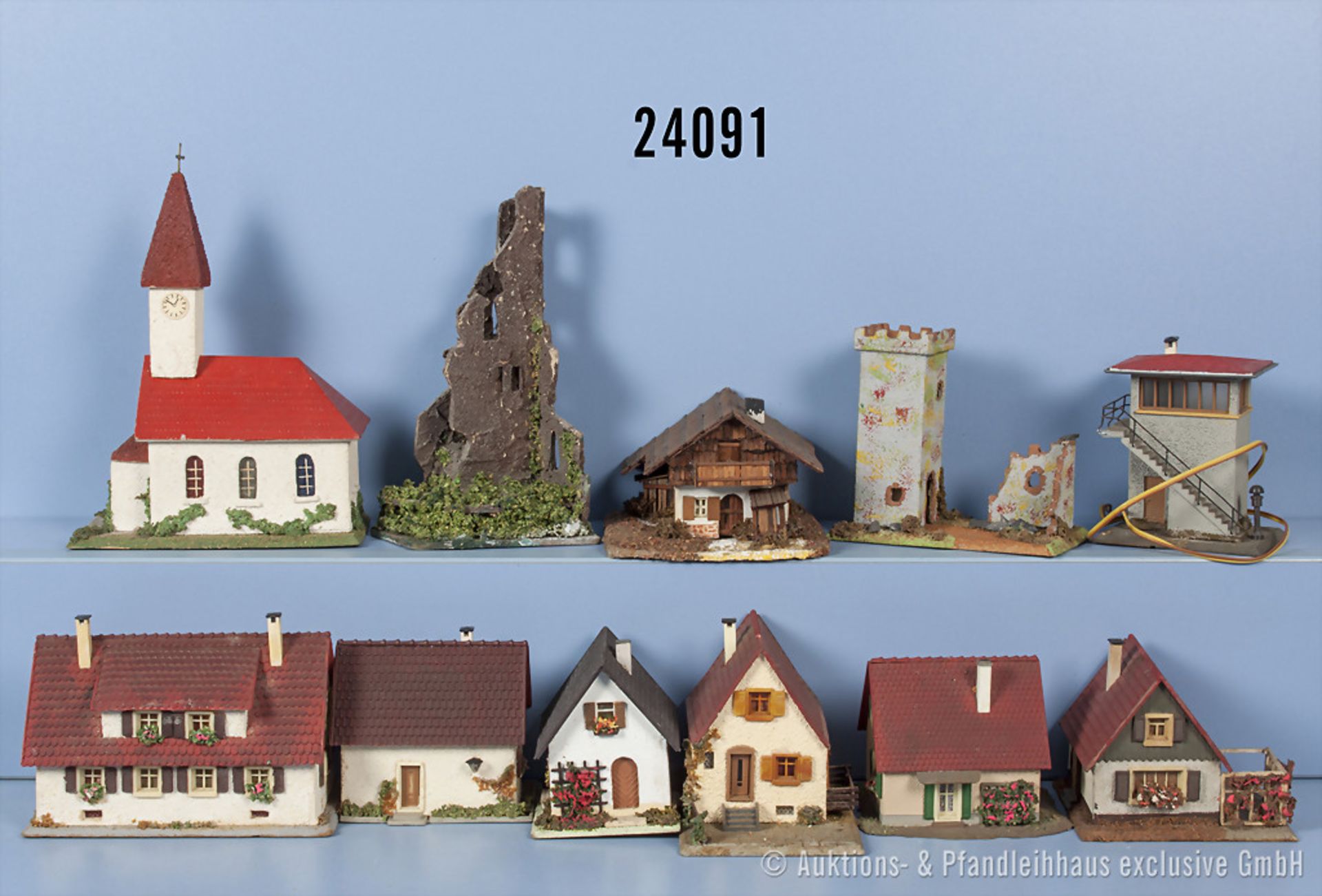 Konv. 11 Gebäude in Holzausf., dabei Wohnhäuser, Kirche, 2 Burgruinen und 1 Stellwerk, ...