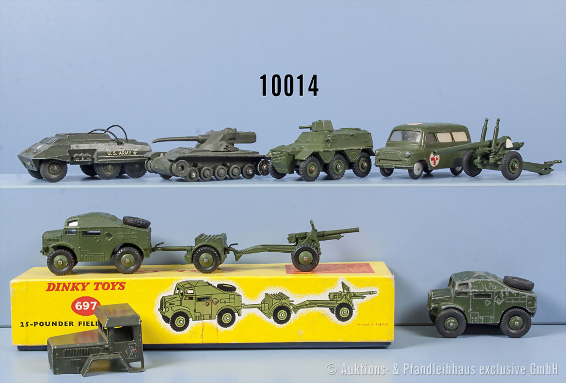 Konv. 7 Militärfahrzeuge, dabei u.a. Dinky Toys 80 C, 676, 688, 697 usw., M 1:43, ...