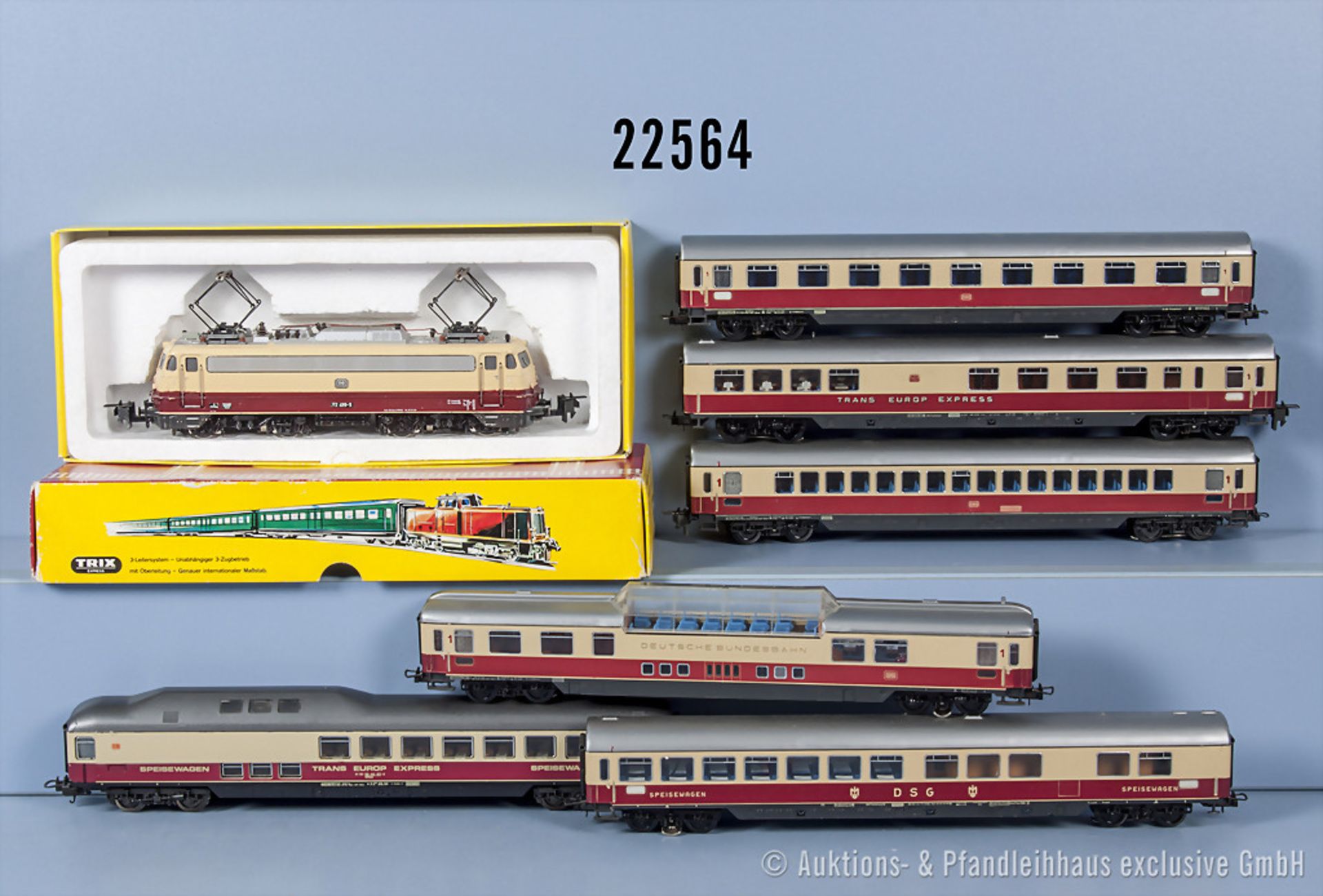 Konv. Trix Express H0 D-Zug, dabei EMS 2748 E-Lok der DB, BN 112 499-9, 3 Personenwagen, ...