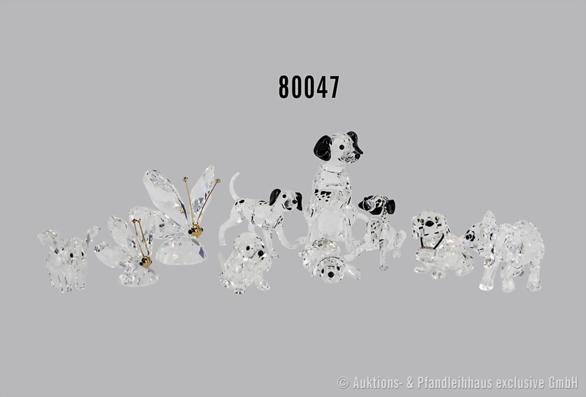 Konv. 10 Swarovski Tierfiguren, dabei 2 Schmetterlinge, 2 Elefanten und 6 Hunde, H bis 7 ...