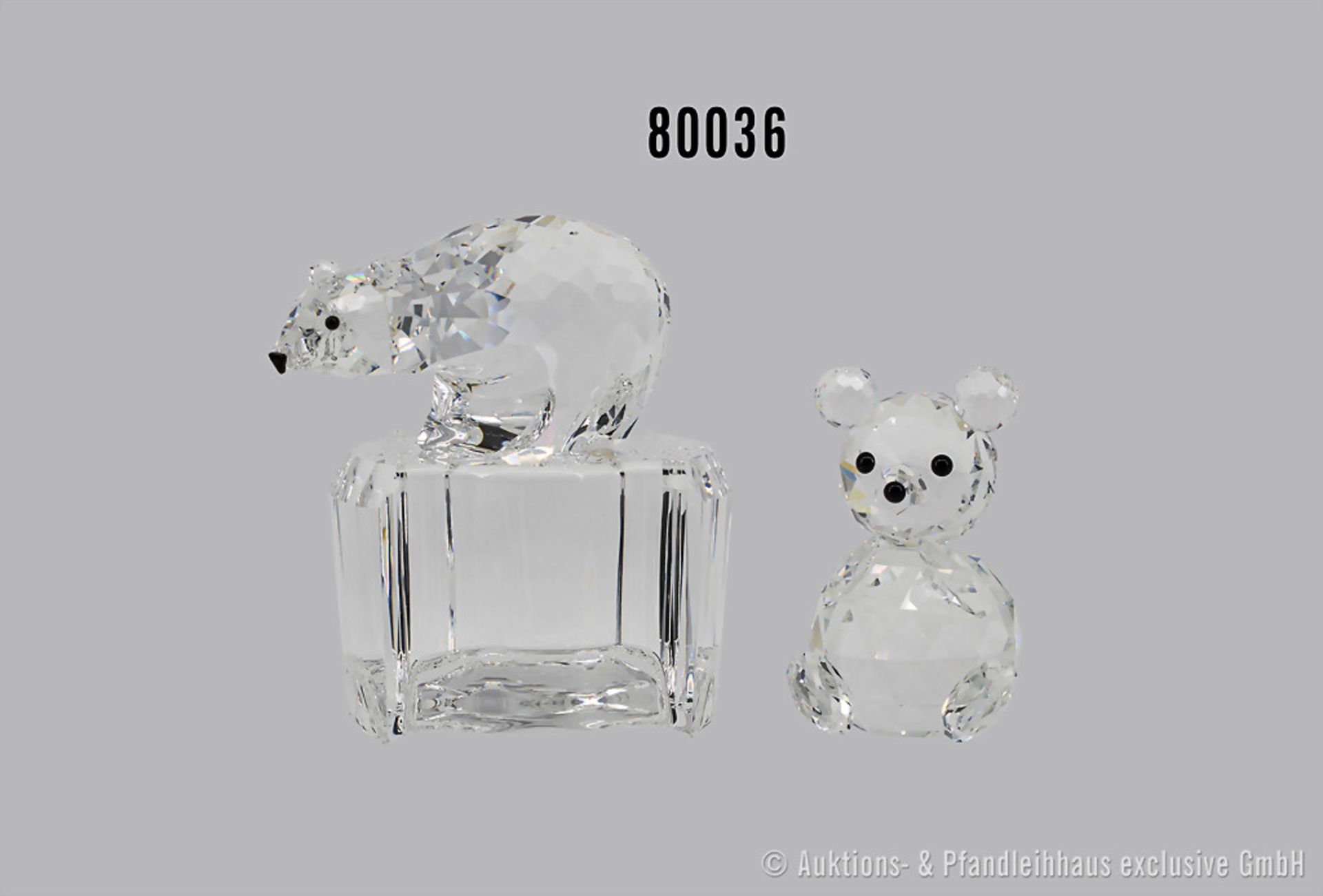 Konv. 2 Swarovski Figuren, dabei 1 Eisbär auf Kristallsockel, H 10 cm, B 8 cm und 1 ...