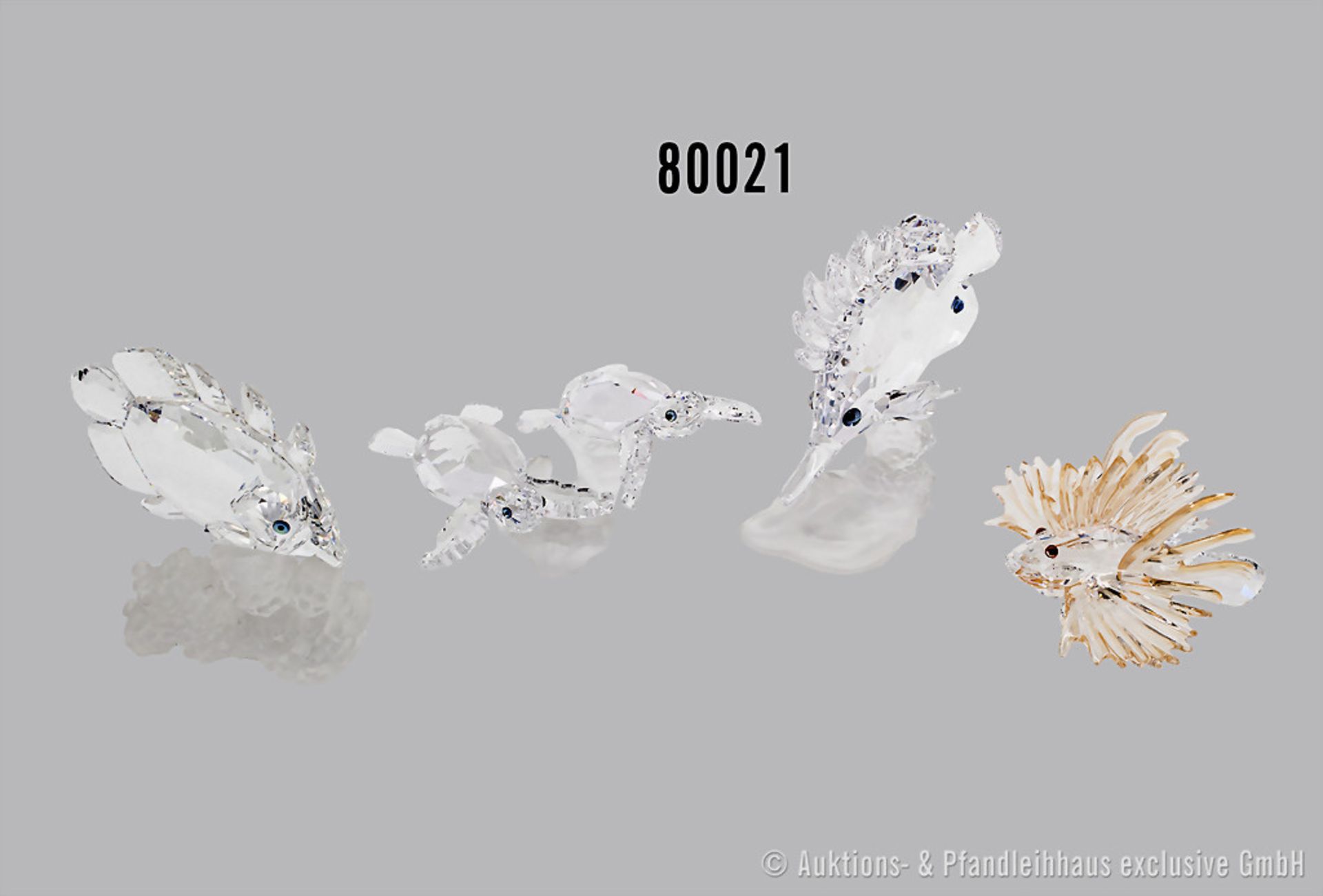 Konv. 4 Teile Swarovski Tierfiguren, dabei Schmetterlingsfisch auf Koralle, H 8 cm, ...