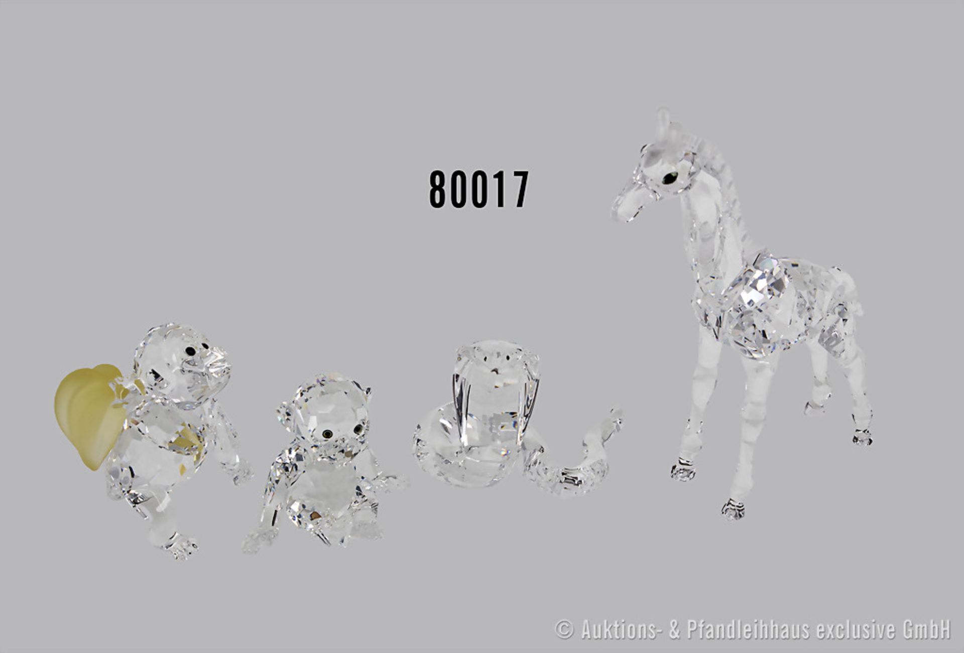 Konv. 4 Swarovski Tierfiguren, dabei Giraffe, H 13,5 cm, Kobra H 5 cm, Schimpanse, H 4,5 ...