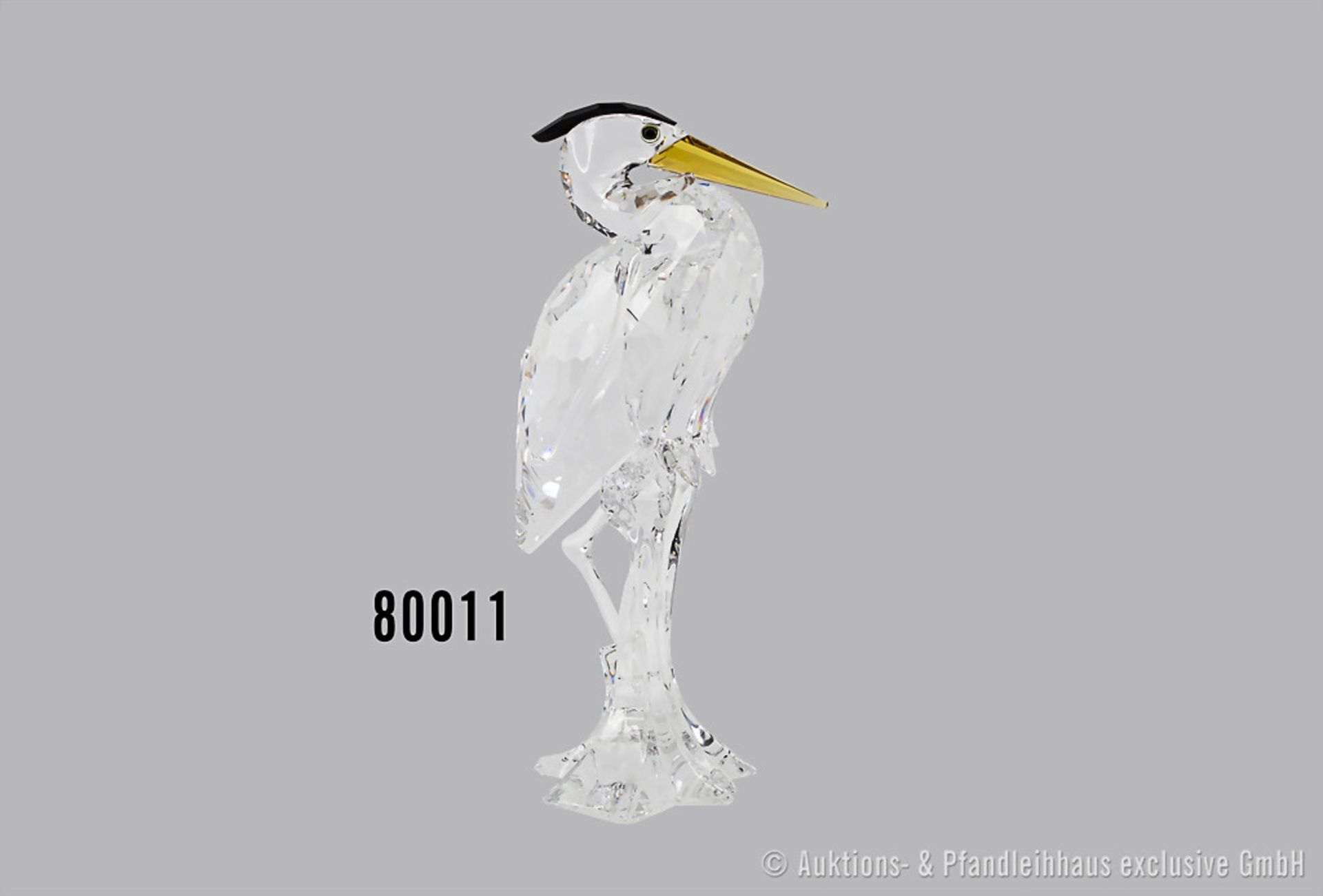 Swarovski Tierfigur, sehr schöner Reiher aus klarem Kristall mit buntem Schnabel und ...