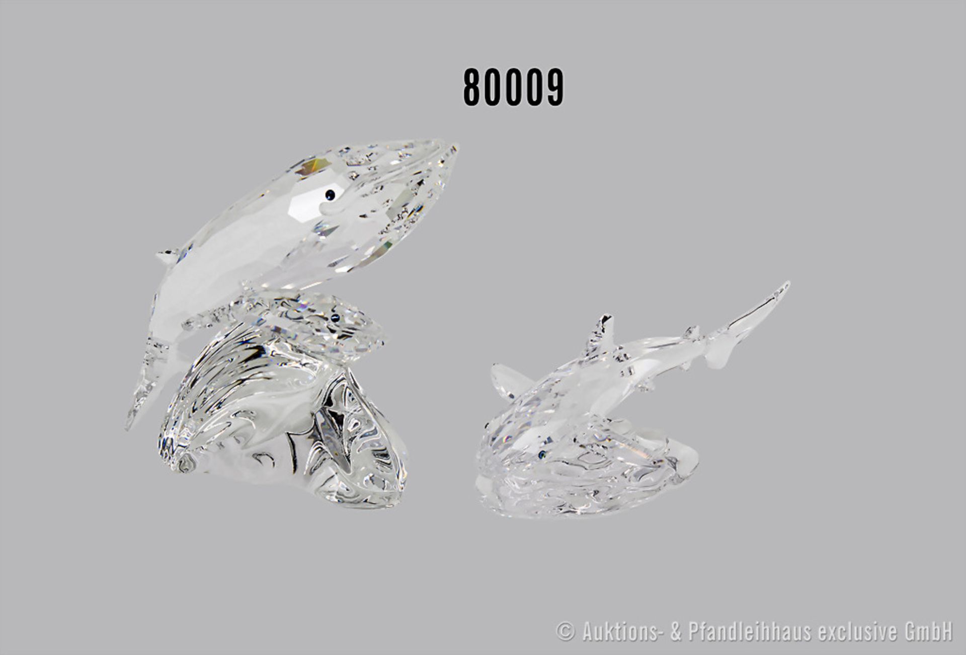 Konv. 2 Swarovski Tierfiguren, dabei Wal mit Jungem, Jahresfigur 1992, H 10,5 cm, B 4,5 ...