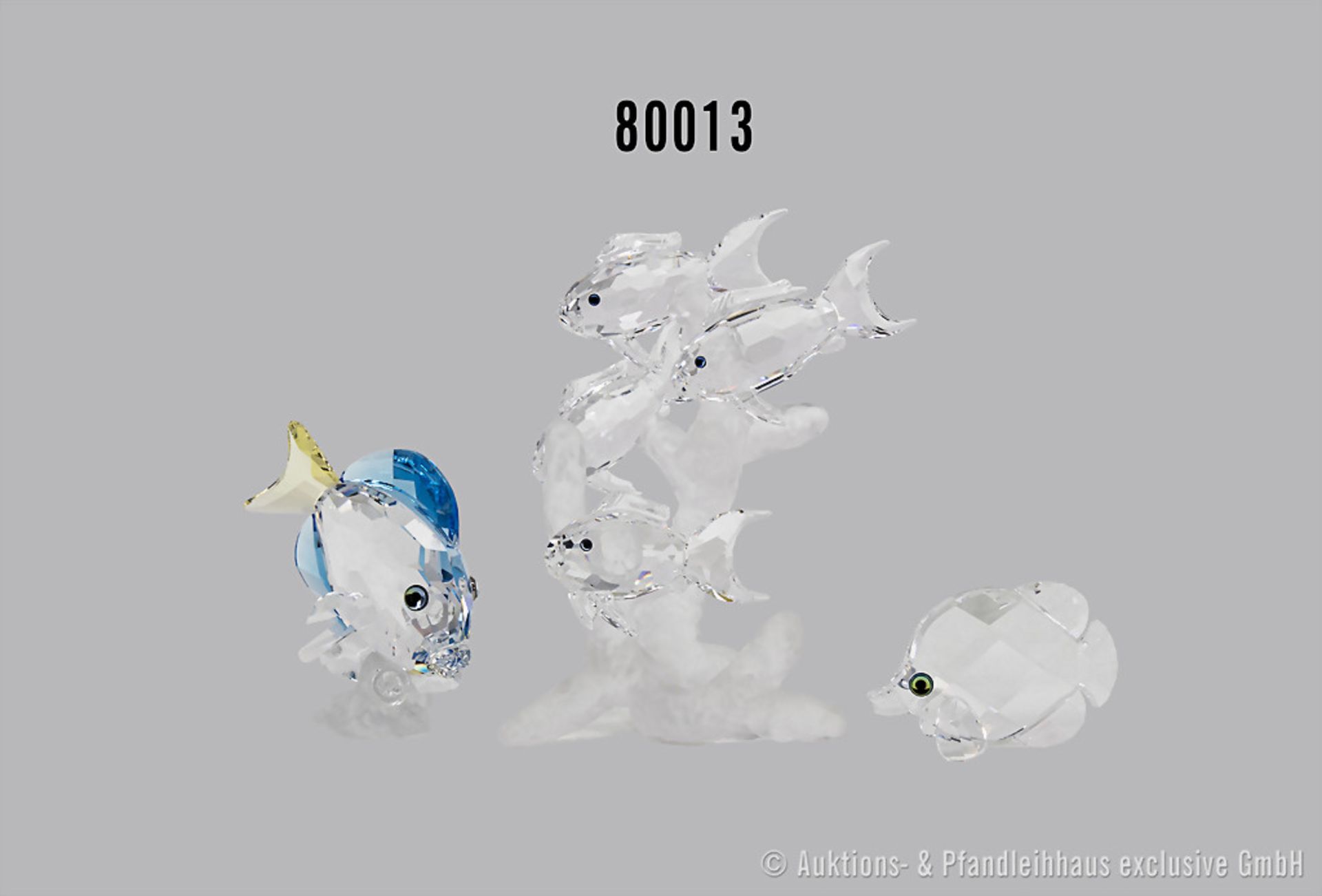 Konv. 3 Swarovski Tierfiguren, dabei Fischschwarm auf Koralle, H 10 cm, Doktorfisch und ...