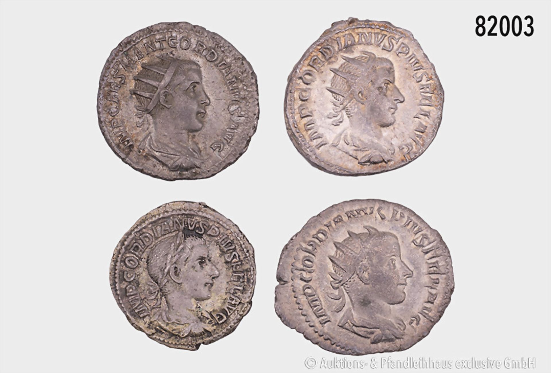 Gordian III. (238-244), Konv. 3 Antoniniane und 1 Denar, gemischter Zustand, bitte ...