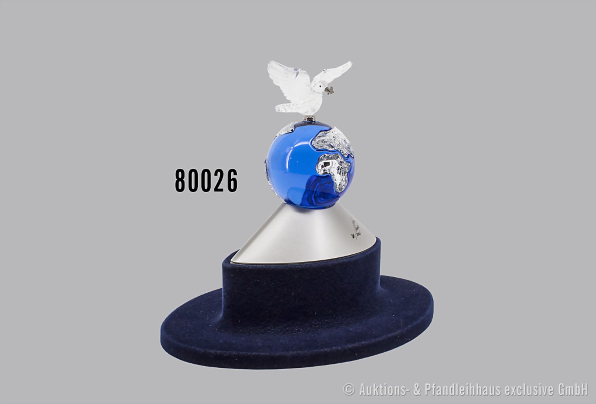 Swarovski Figur, Weltkugel mit Friedenstaube, auf Sockel, von Anton Hirzinger, H 17 cm, ...